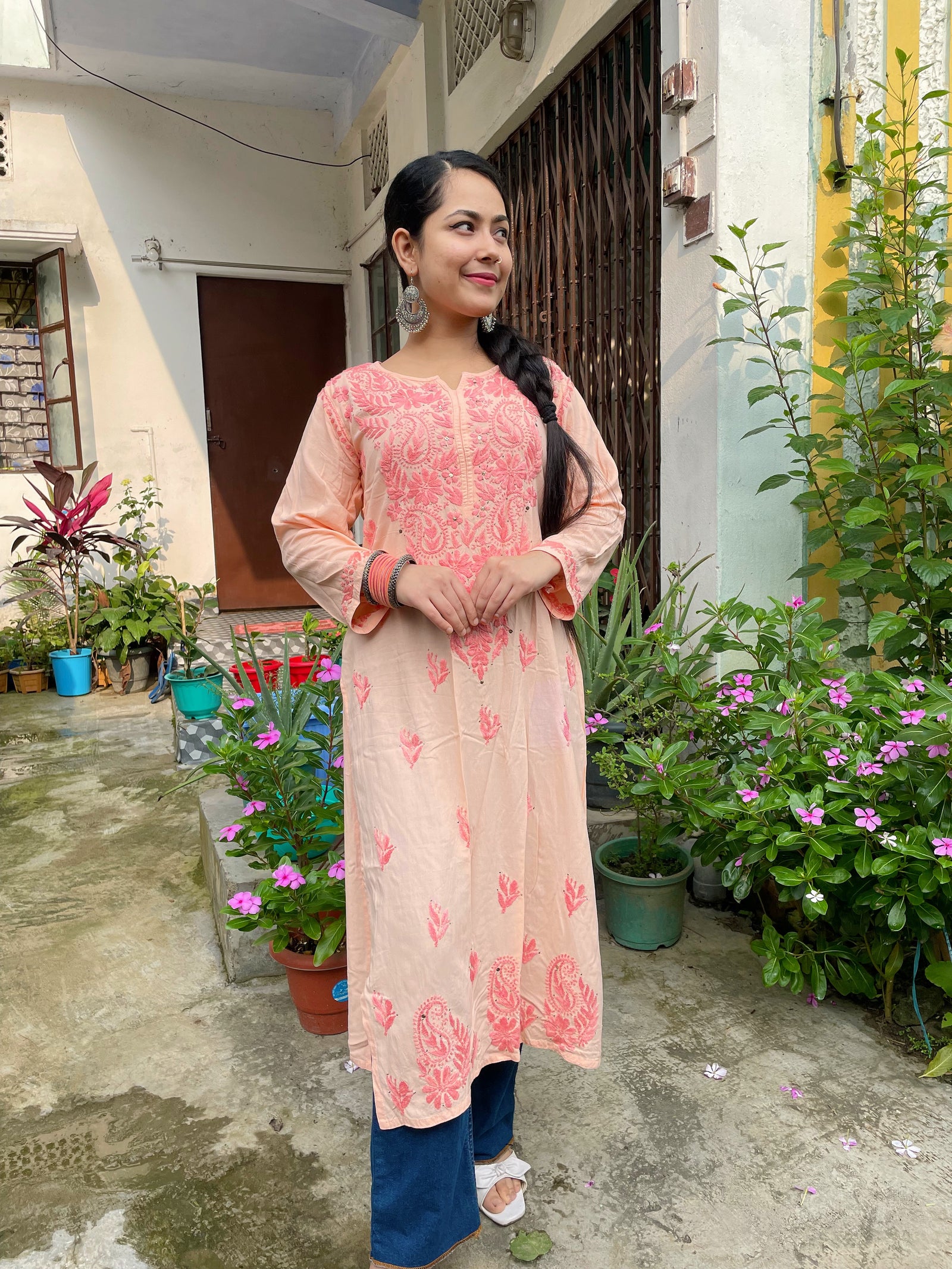 Peach Rayon Kurta with Self Chikankari & Mukesh Work