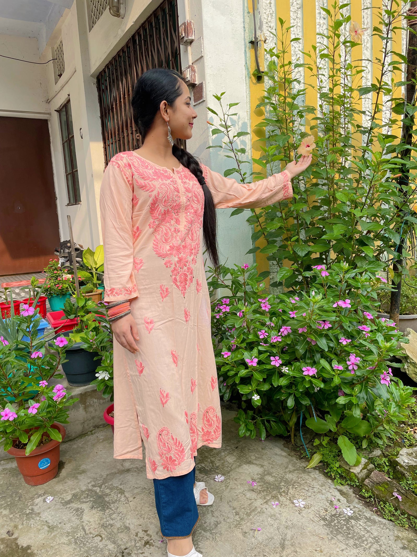 Peach Rayon Kurta with Self Chikankari & Mukesh Work