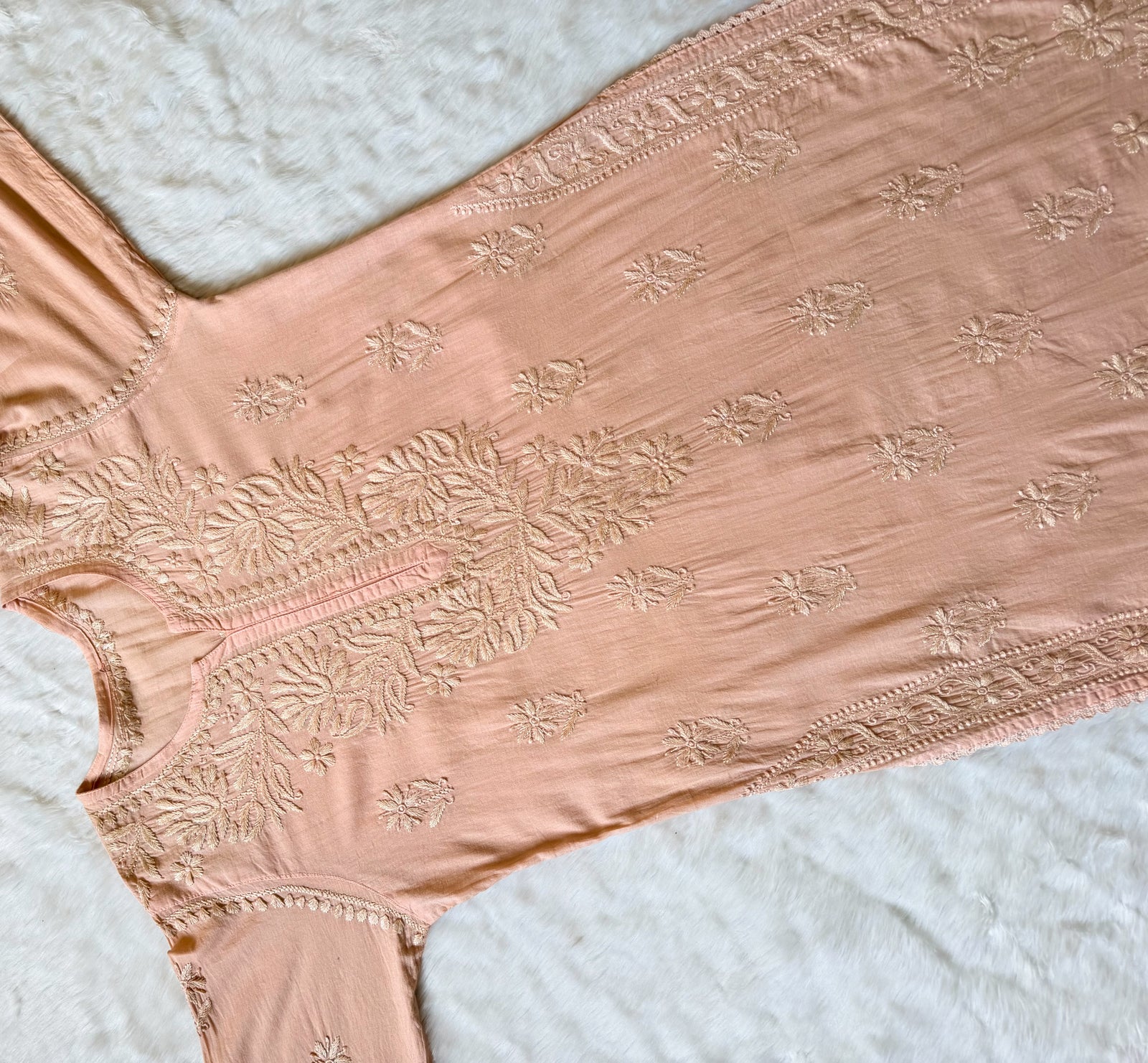 Afra Cashmere Colour Long MulMul Chikankari & Crochet Lace Kurti