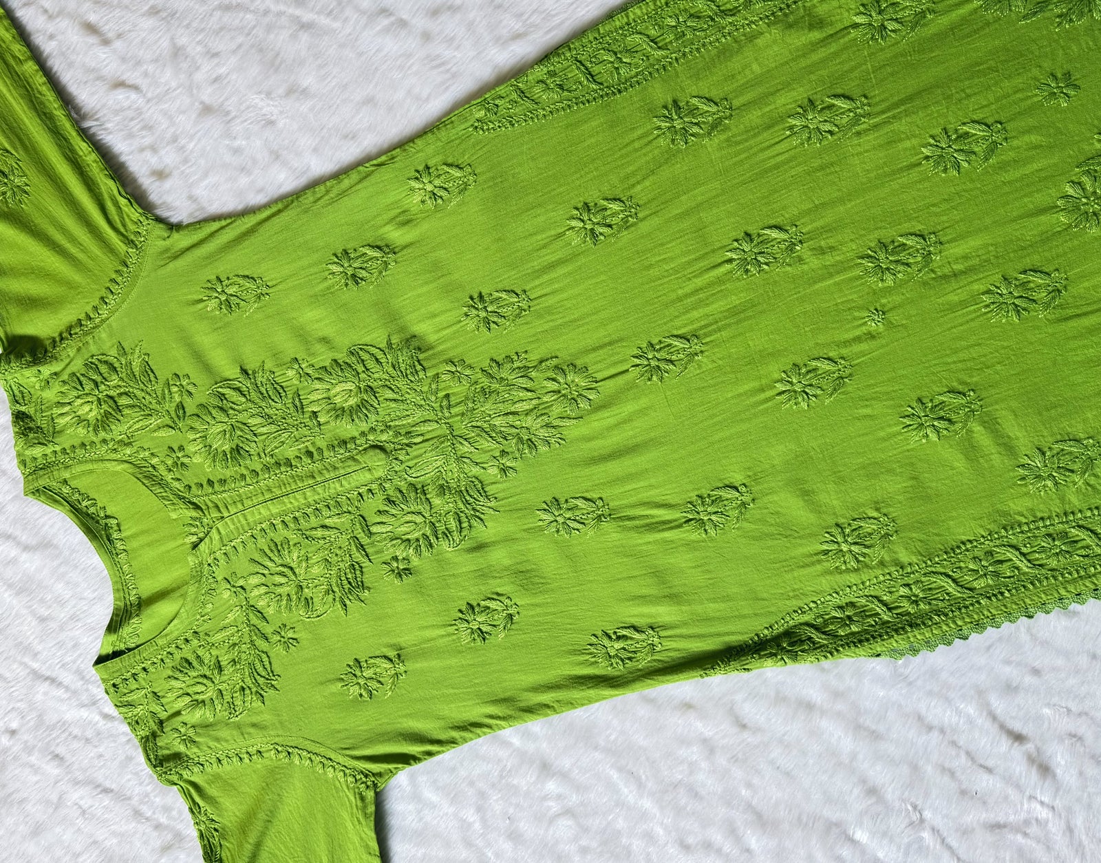 Afra Green Long MulMul Chikankari & Crochet Lace Kurti