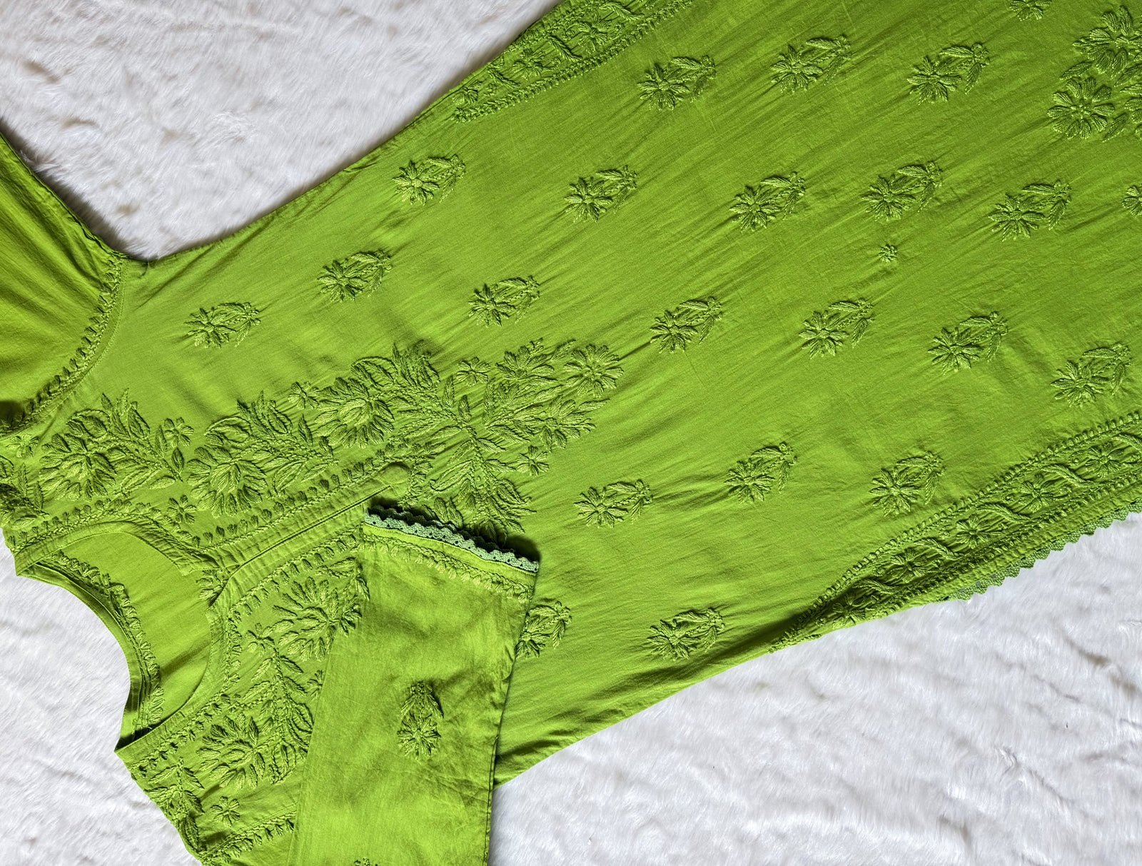 Afra Green Long MulMul Chikankari & Crochet Lace Kurti
