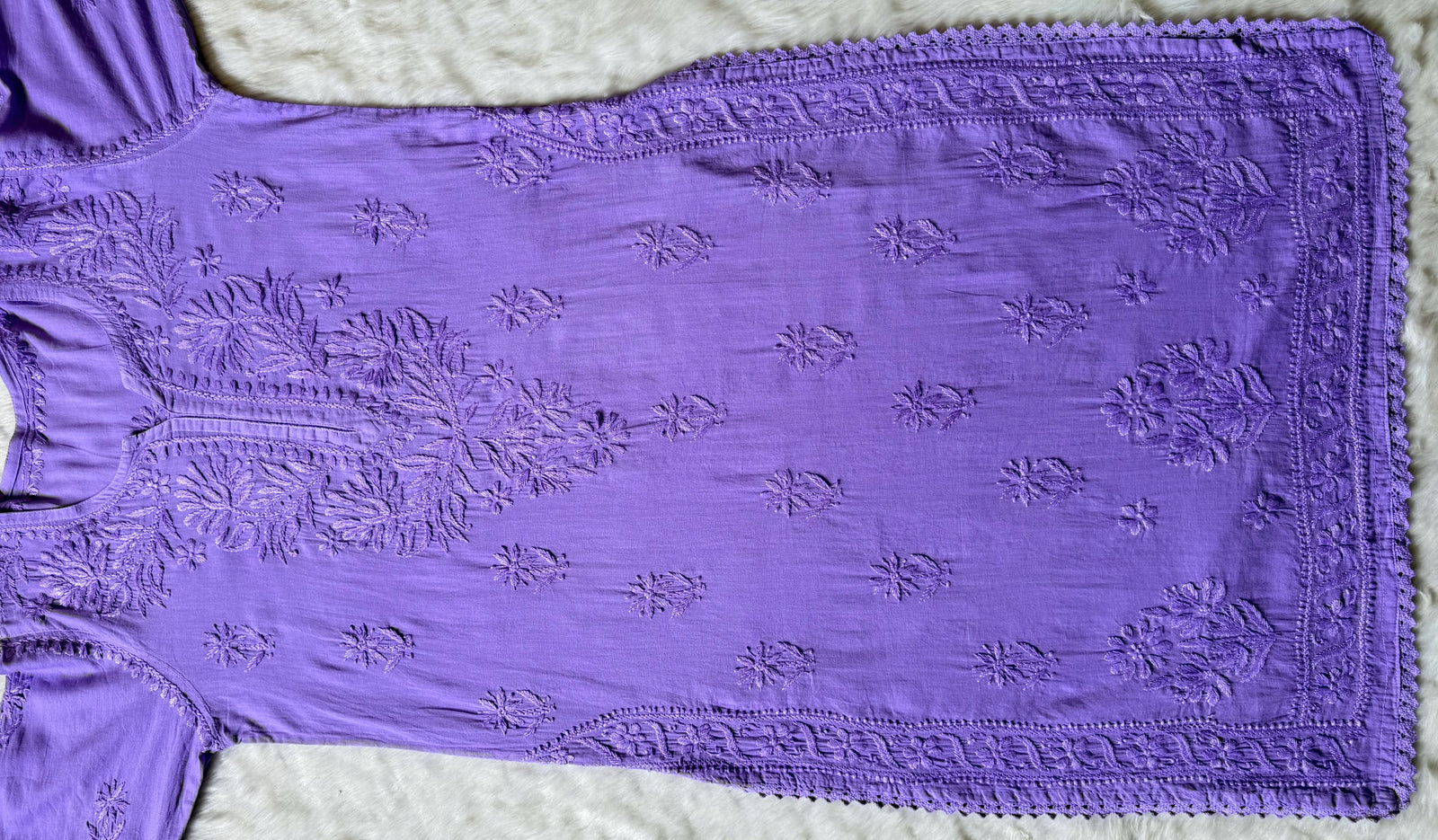 Afra Lavender Long MulMul Chikankari & Crochet Lace Kurti