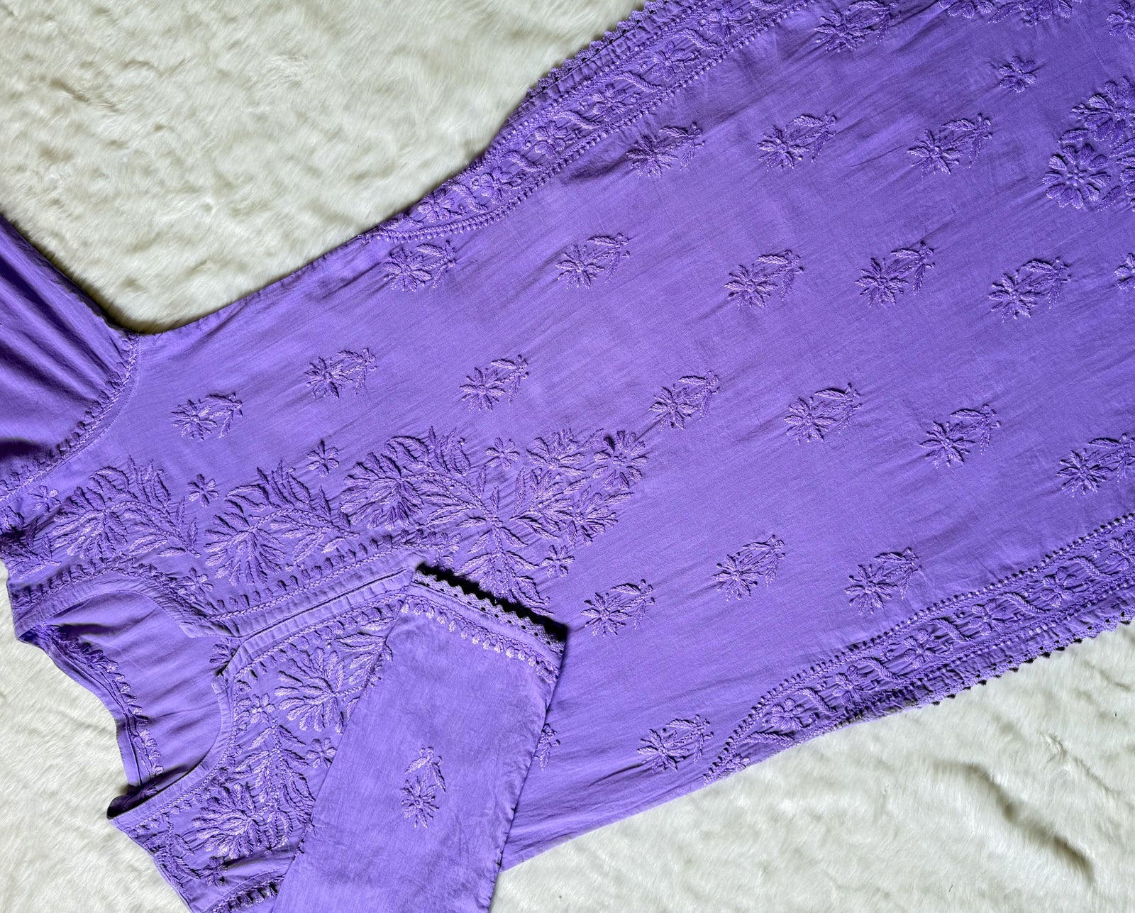 Afra Lavender Long MulMul Chikankari & Crochet Lace Kurti