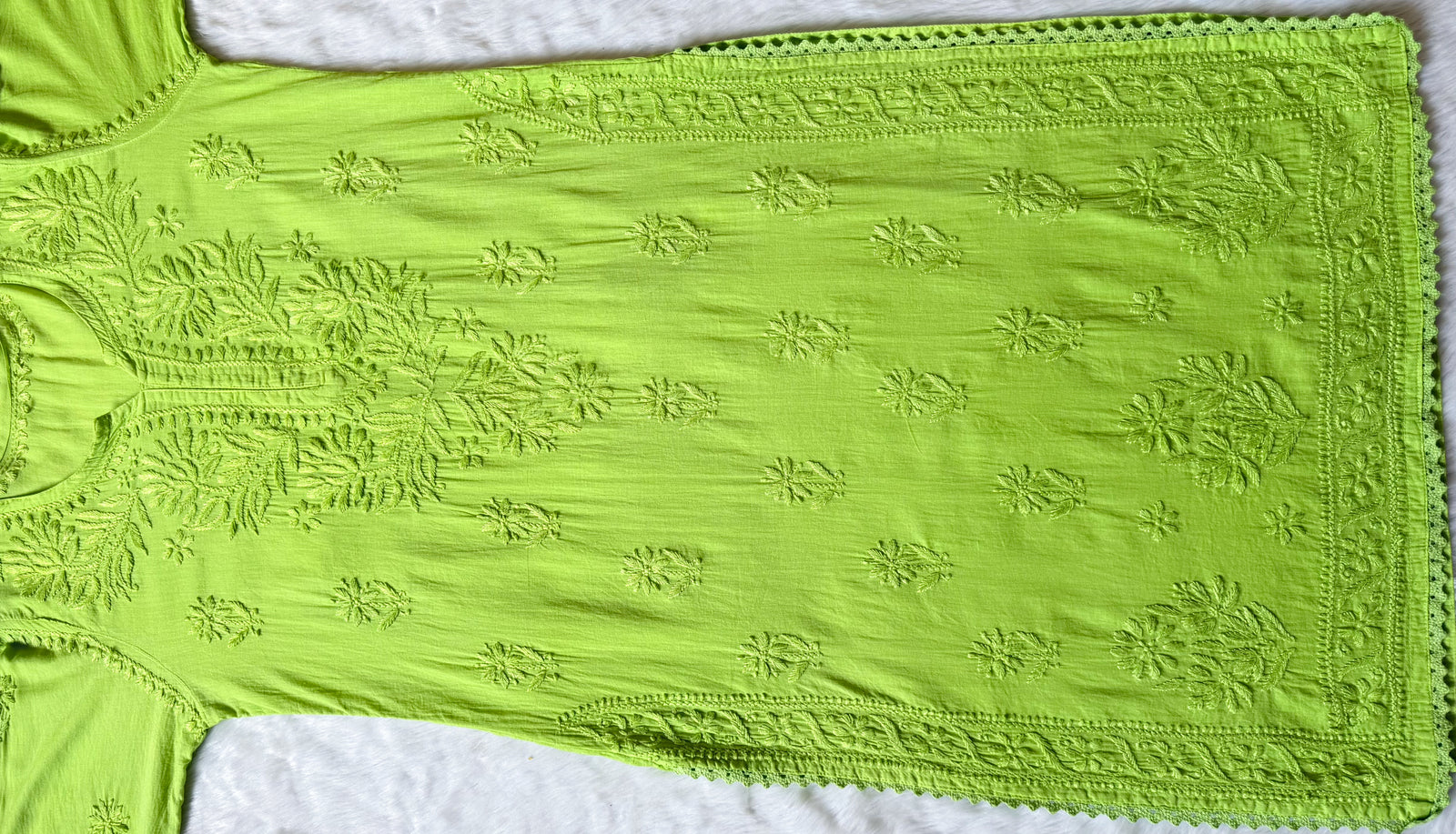 Afra Lime Long MulMul Chikankari & Crochet Lace Kurti