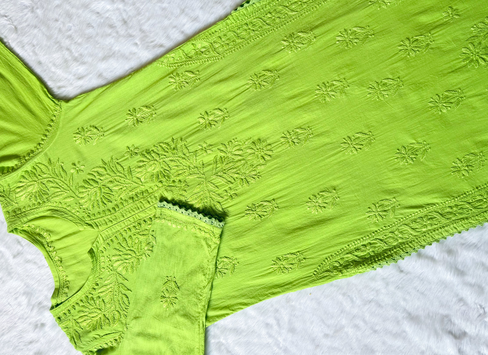 Afra Lime Long MulMul Chikankari & Crochet Lace Kurti