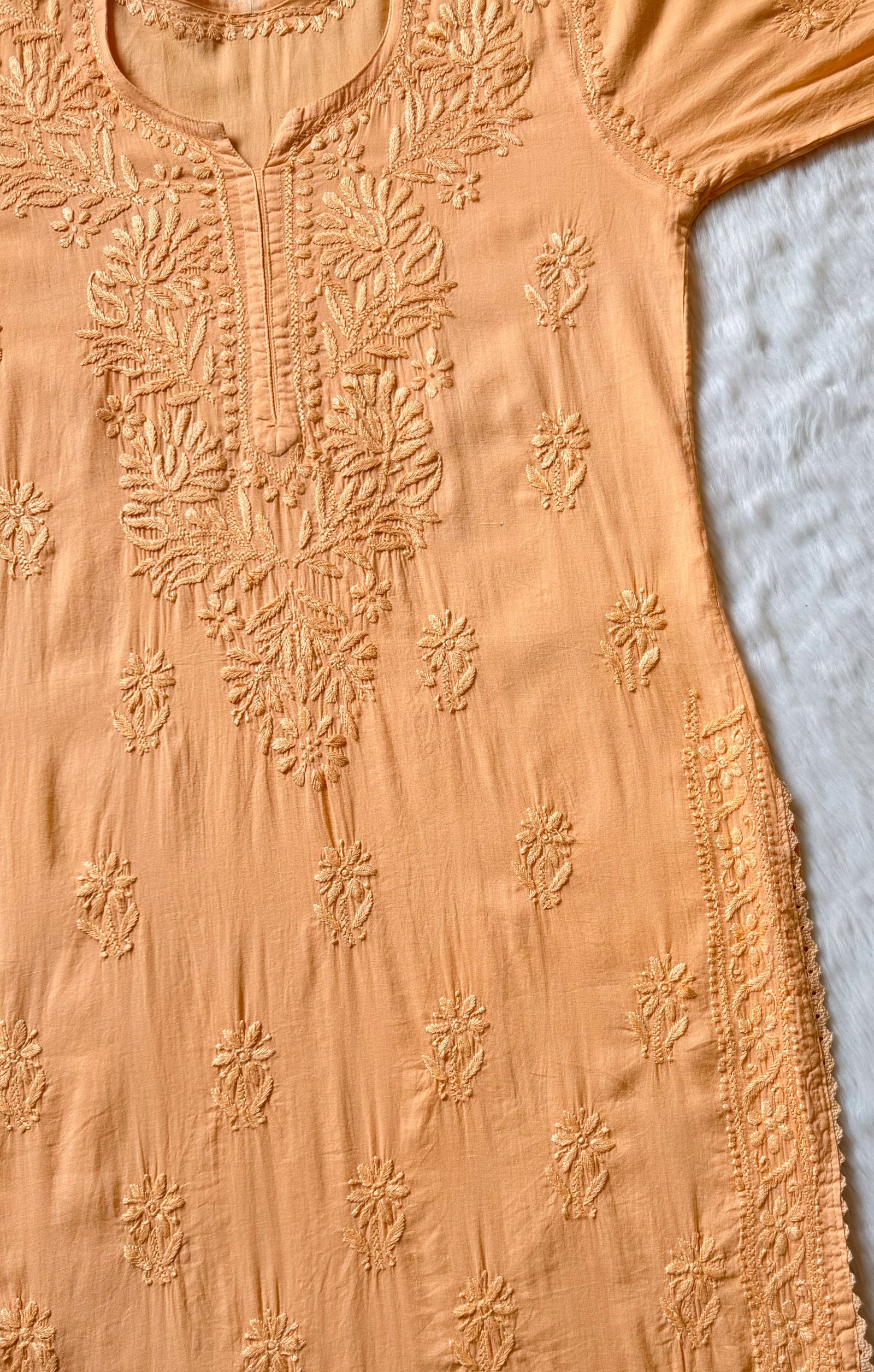 Afra Peach Long MulMul Chikankari & Crochet Lace Kurti