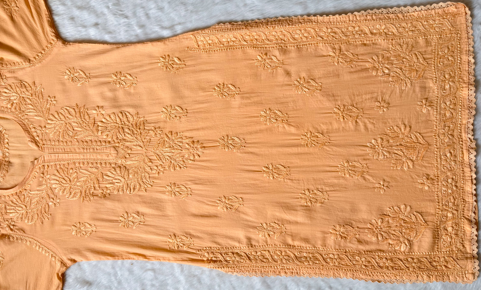 Afra Peach Long MulMul Chikankari & Crochet Lace Kurti