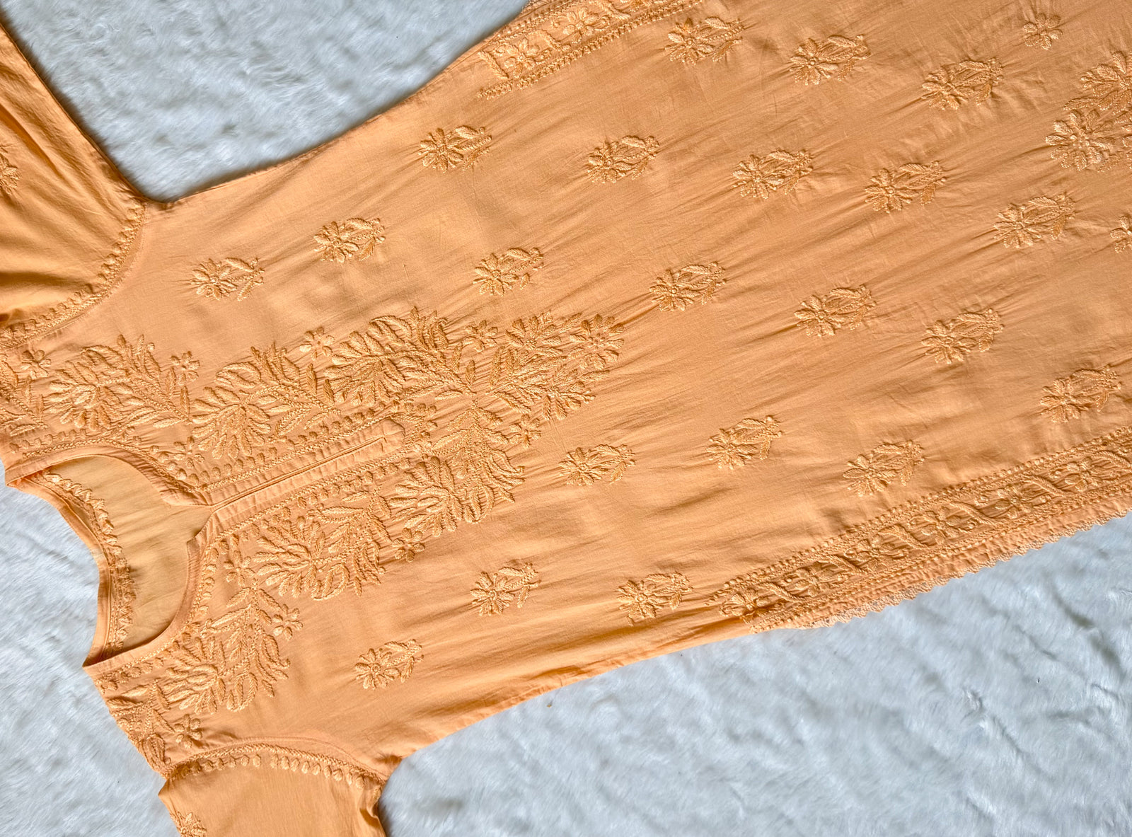 Afra Peach Long MulMul Chikankari & Crochet Lace Kurti