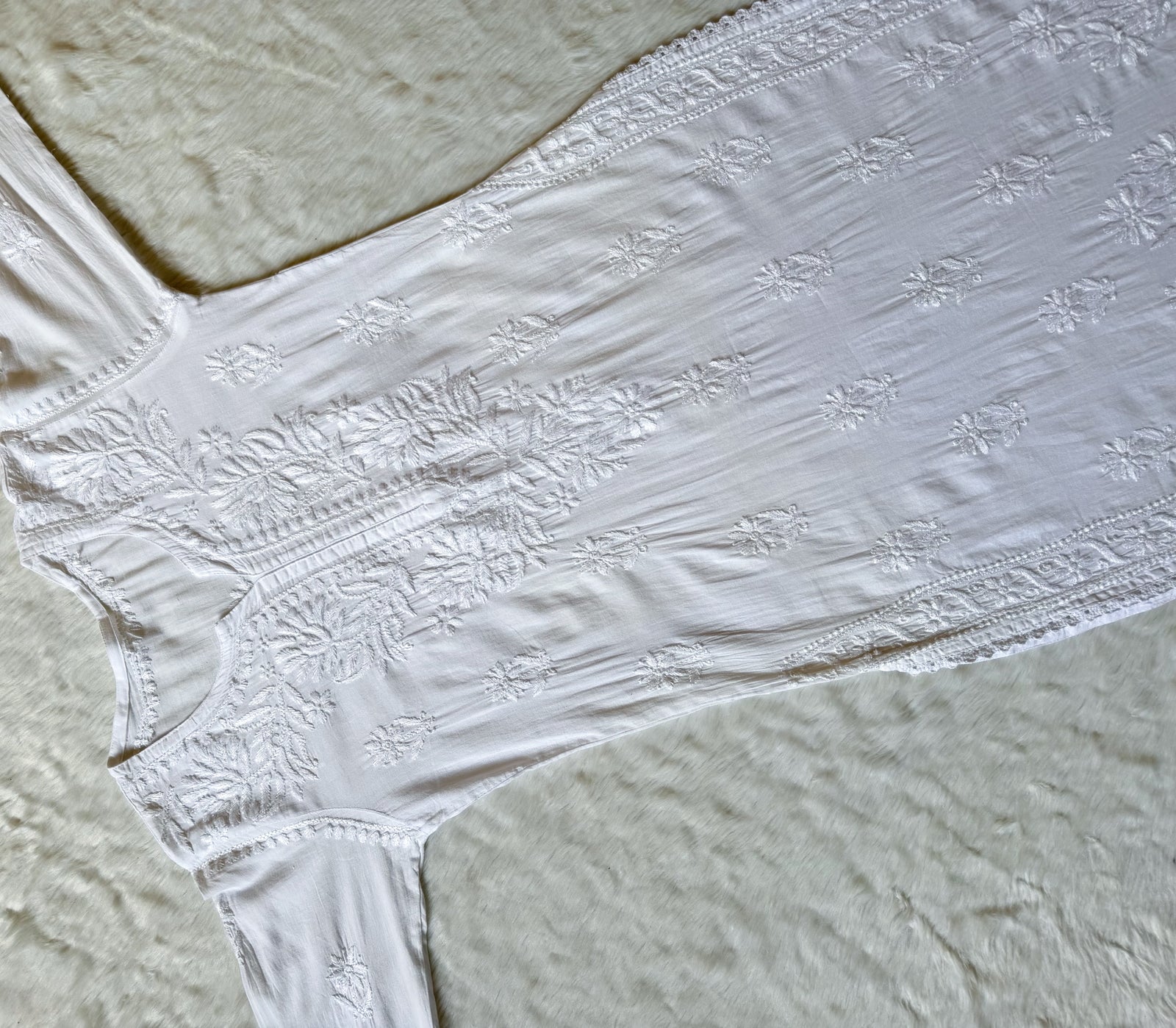 Afra White Long MulMul Chikankari & Crochet Lace Kurti