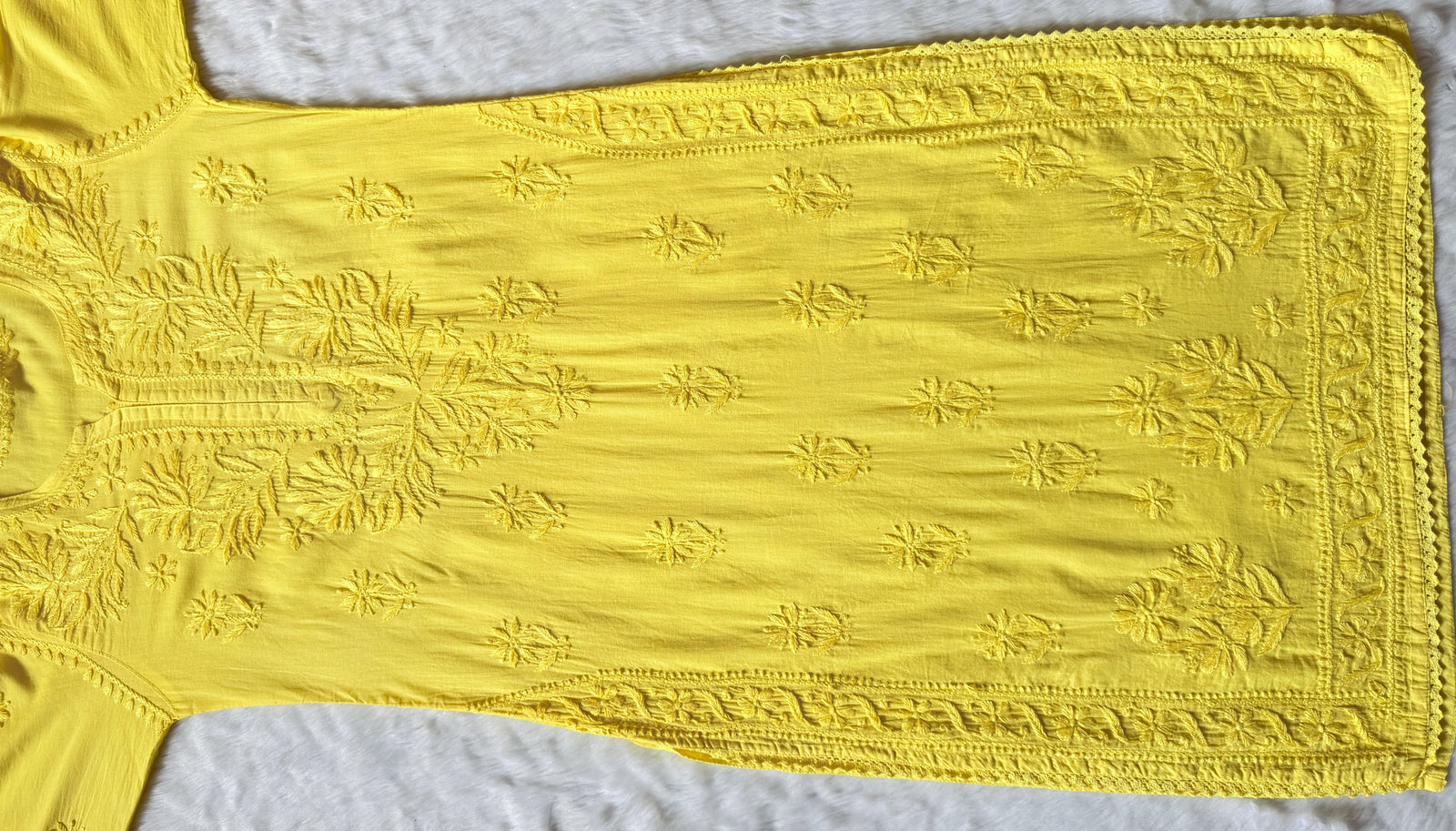 Afra Yellow Long MulMul Chikankari & Crochet Lace Kurti