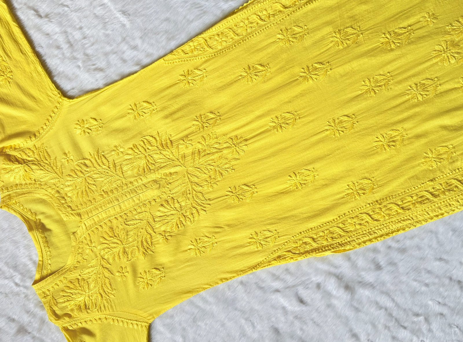 Afra Yellow Long MulMul Chikankari & Crochet Lace Kurti