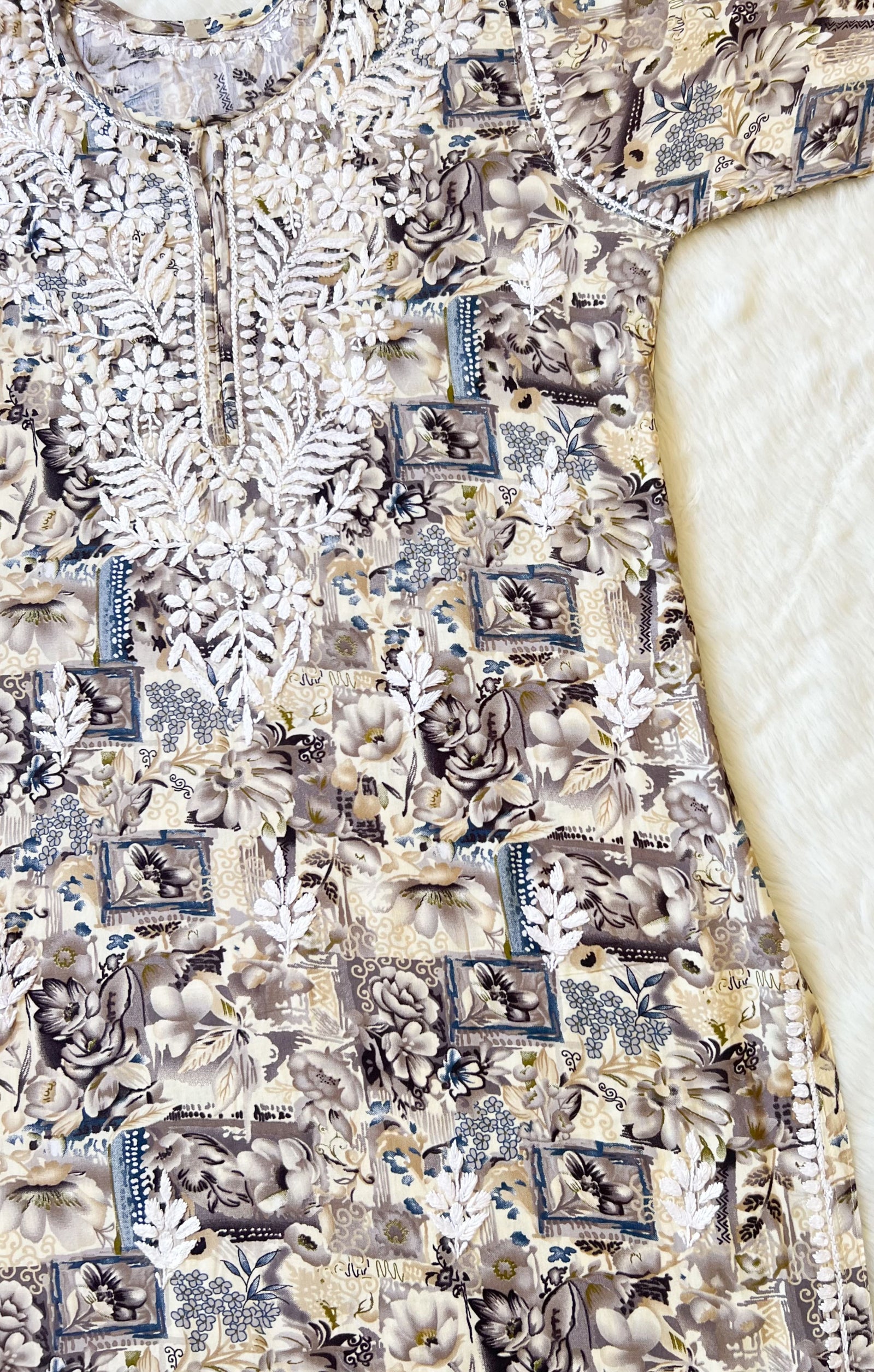 Aiza Grey Printed Rayon Kurta with White Chikankari
