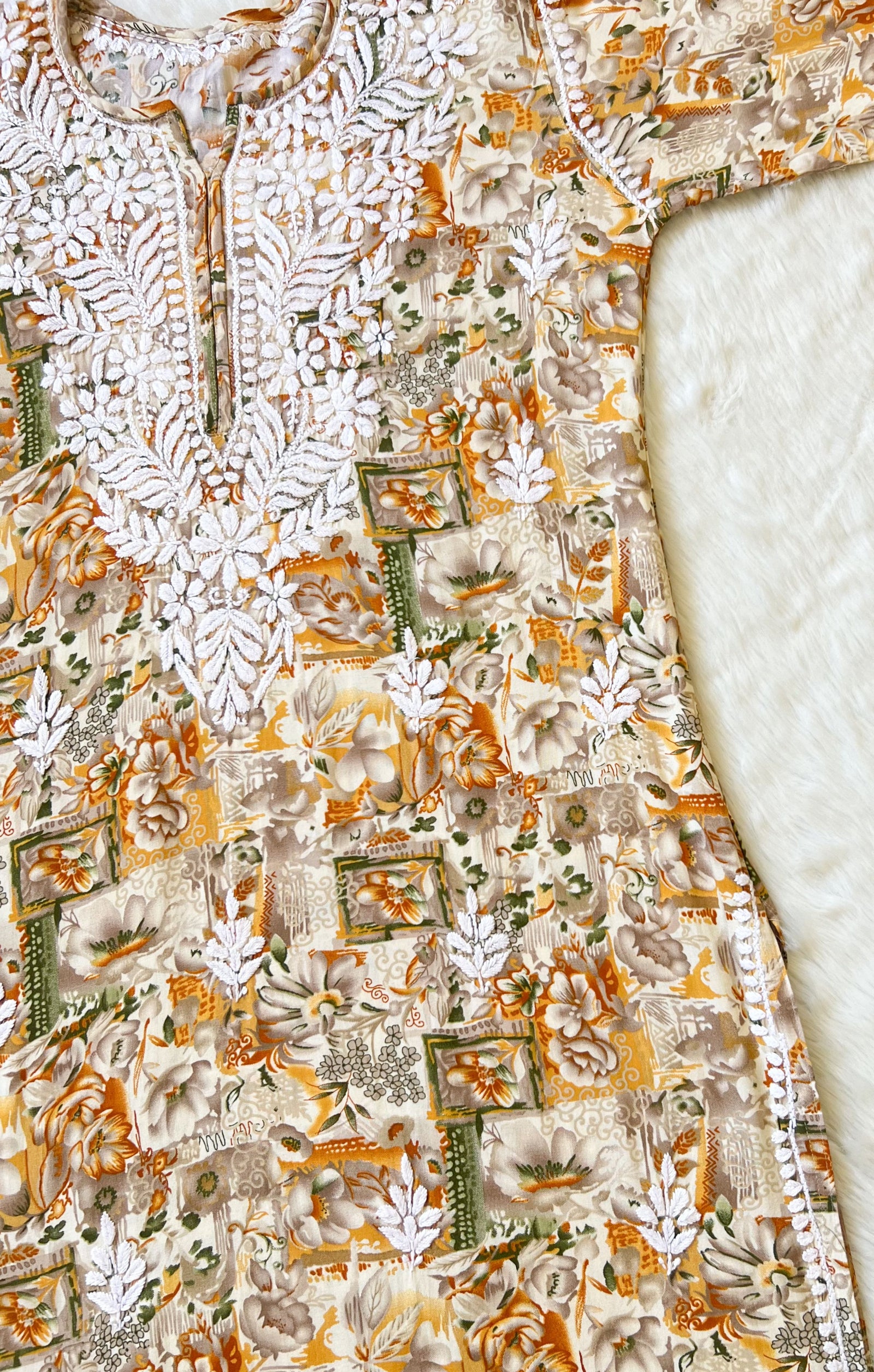 Aiza Mustard Printed Rayon Kurta with White Chikankari