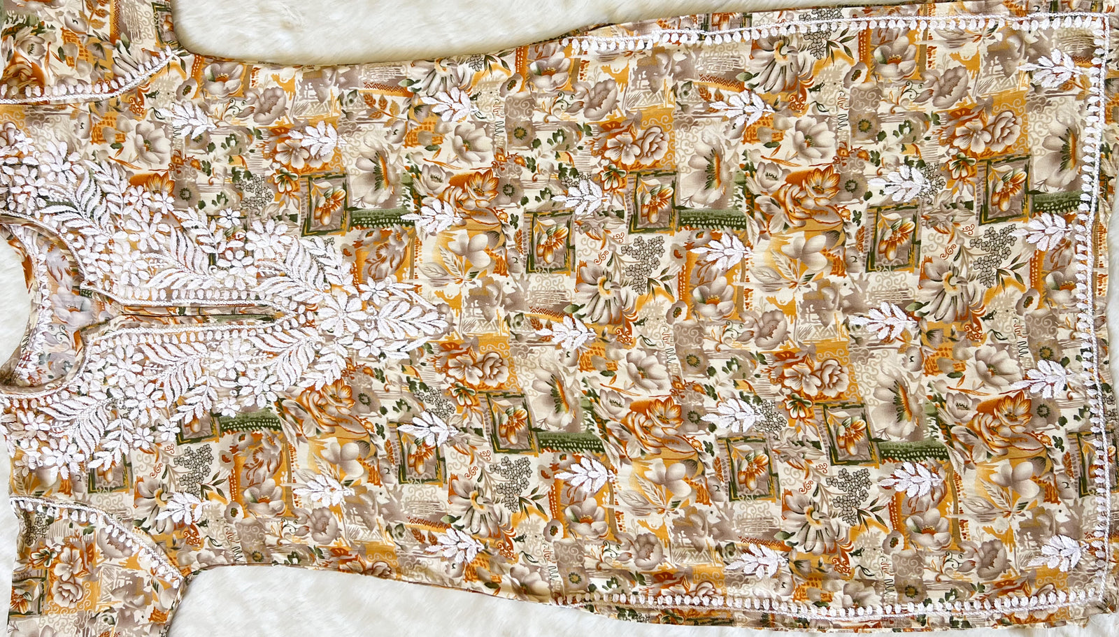 Aiza Mustard Printed Rayon Kurta with White Chikankari