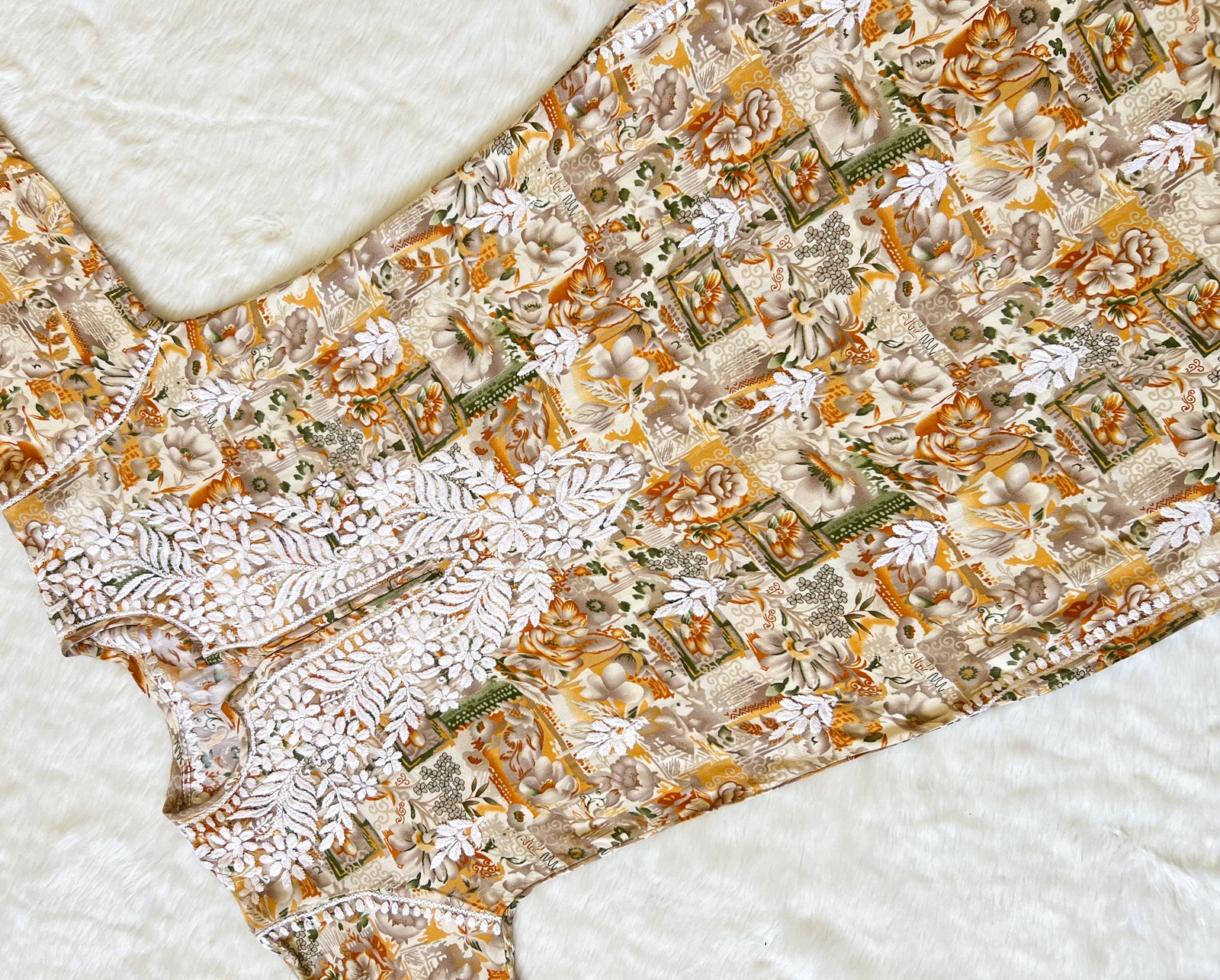 Aiza Mustard Printed Rayon Kurta with White Chikankari