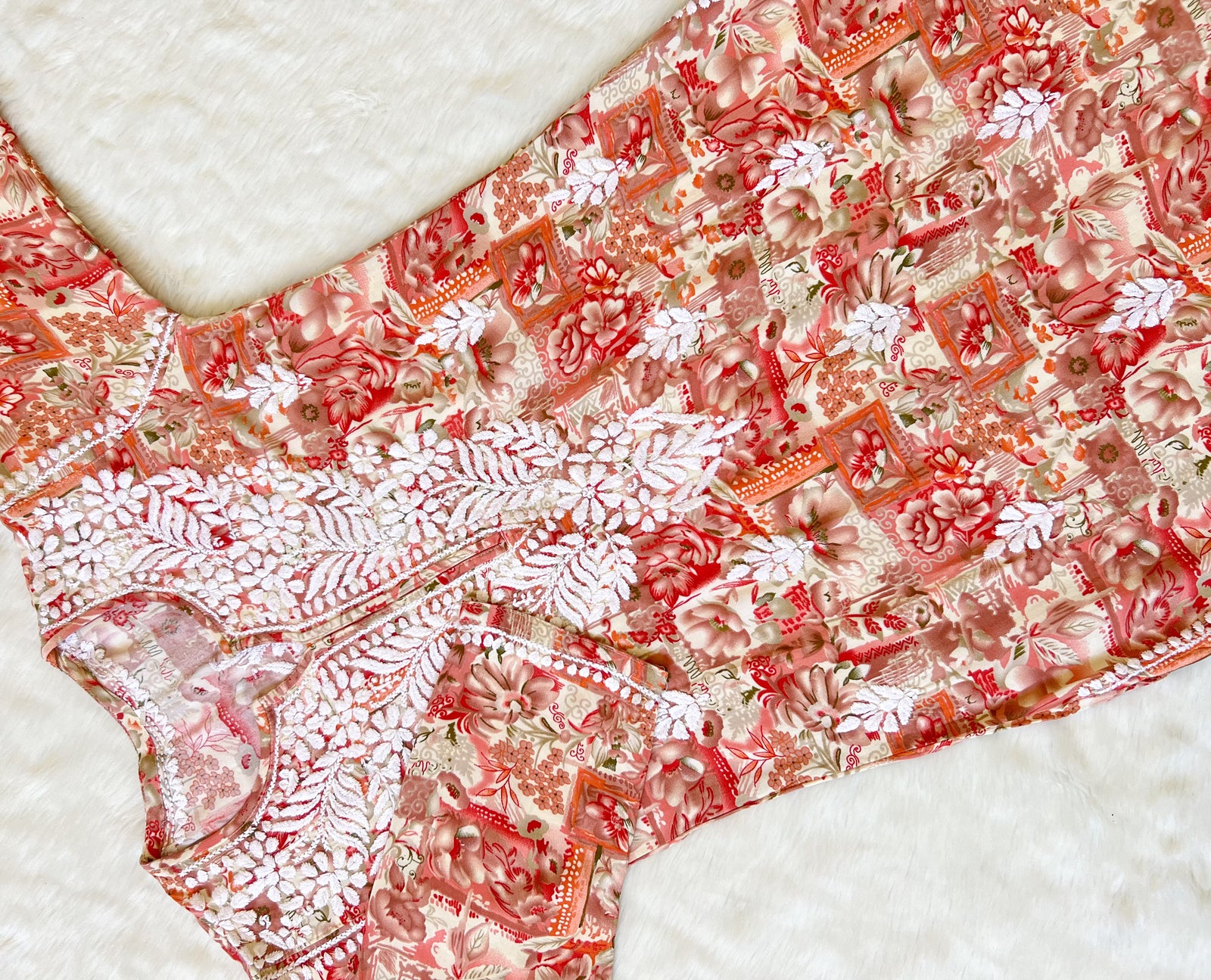 Aiza Pink Printed Rayon Kurta with White Chikankari