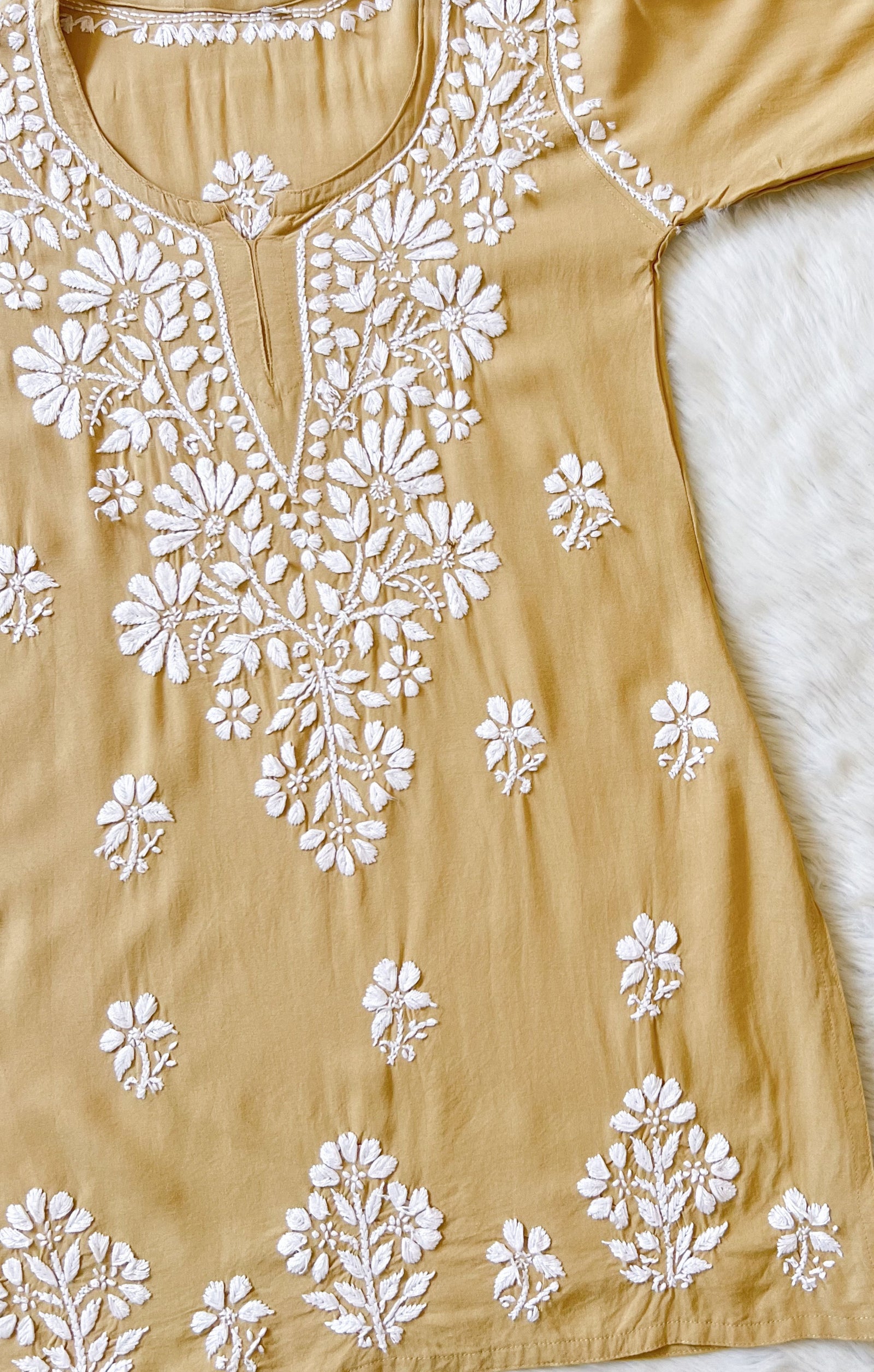 Beige Short Rayon Kurta with White Chikankari
