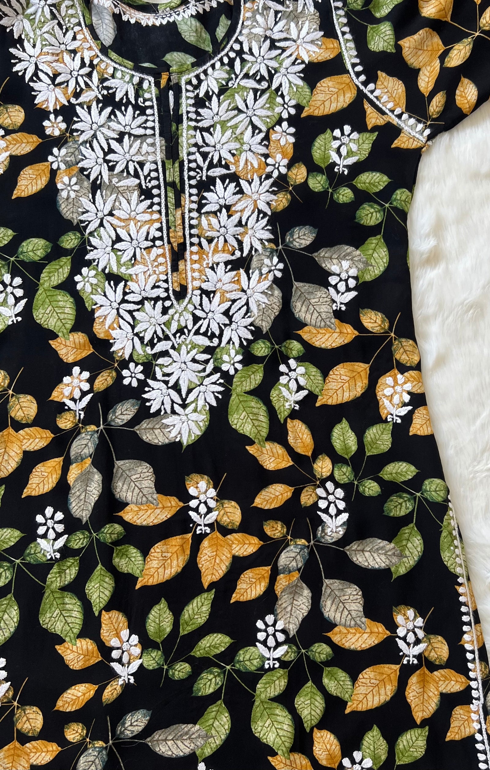 Black Leaf Printed Long Rayon Kurta