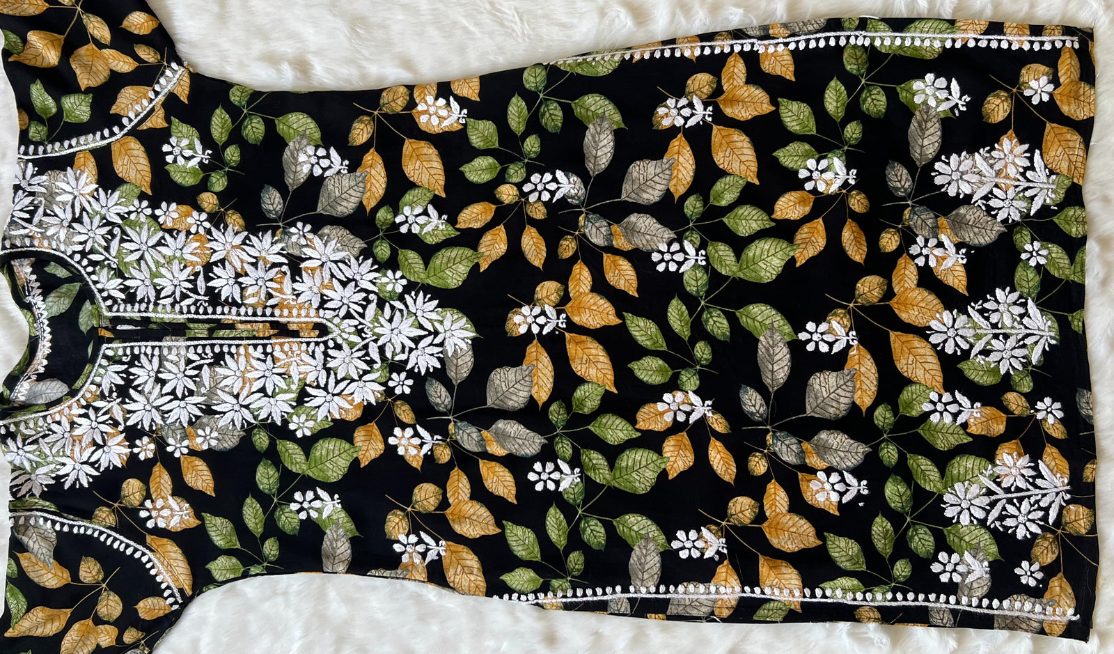 Black Leaf Printed Long Rayon Kurta