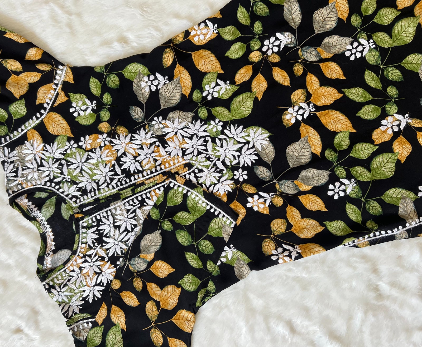 Black Leaf Printed Long Rayon Kurta