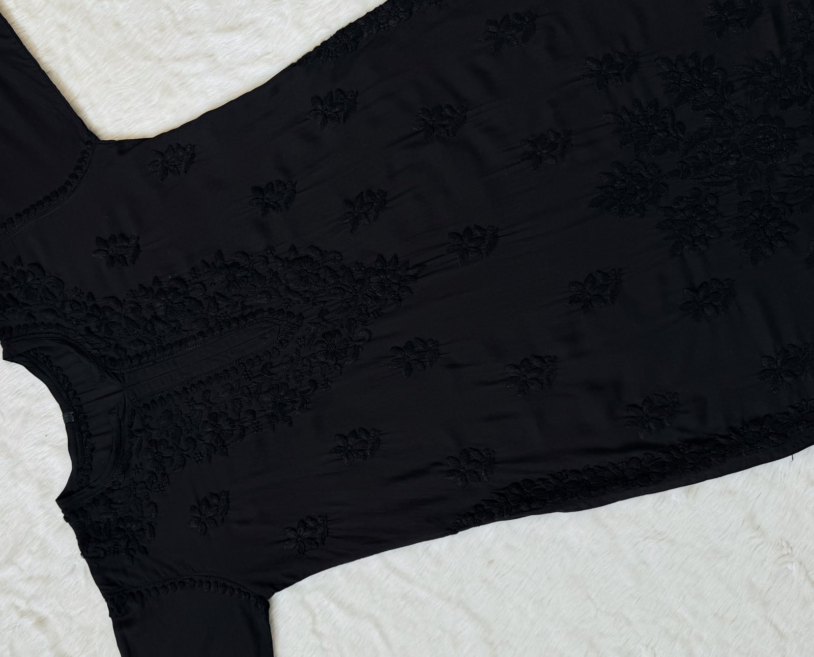 Black Modal Kurta Bottom Set with Self Chikankari Handwork