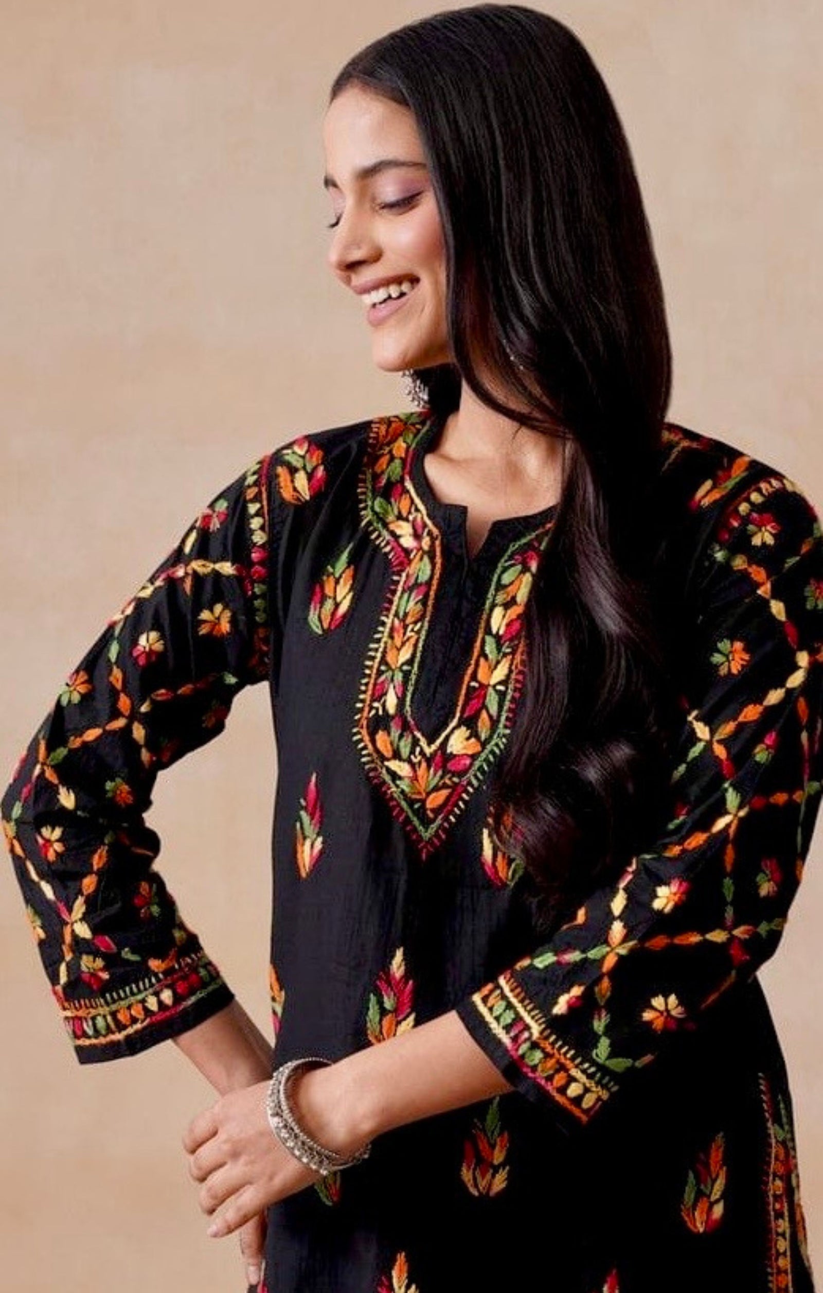 Black Short Pure Cotton Kurti with Multi Colour Chikankari Handwork