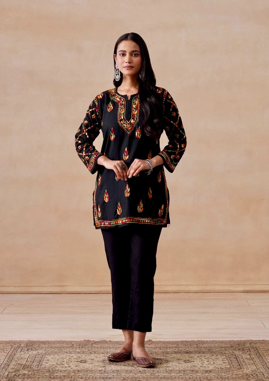 Black Short Pure Cotton Kurti with Multi Colour Chikankari Handwork