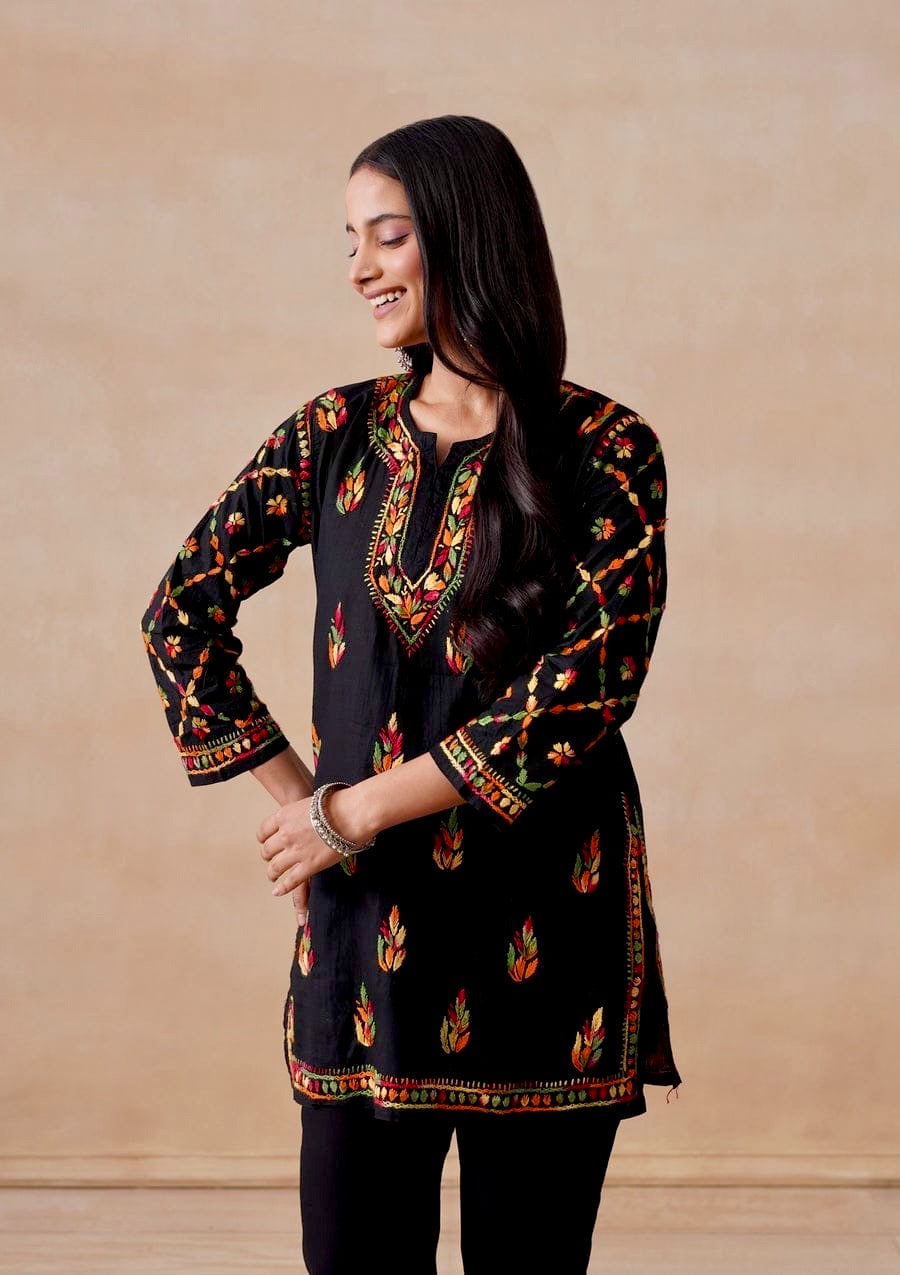 Black Short Pure Cotton Kurti with Multi Colour Chikankari Handwork