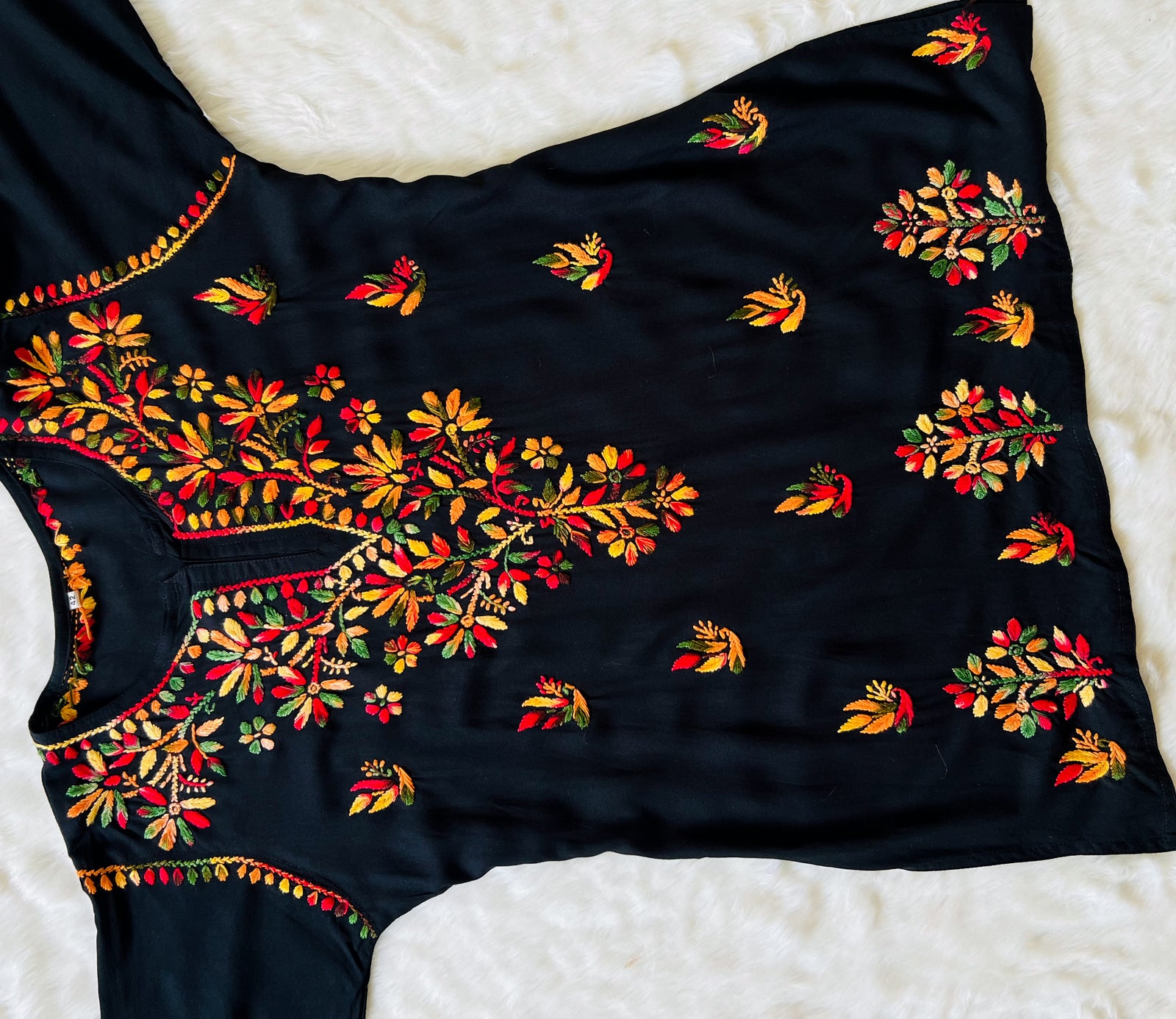Black Short Rayon Kurta with Multi Colour Chikankari