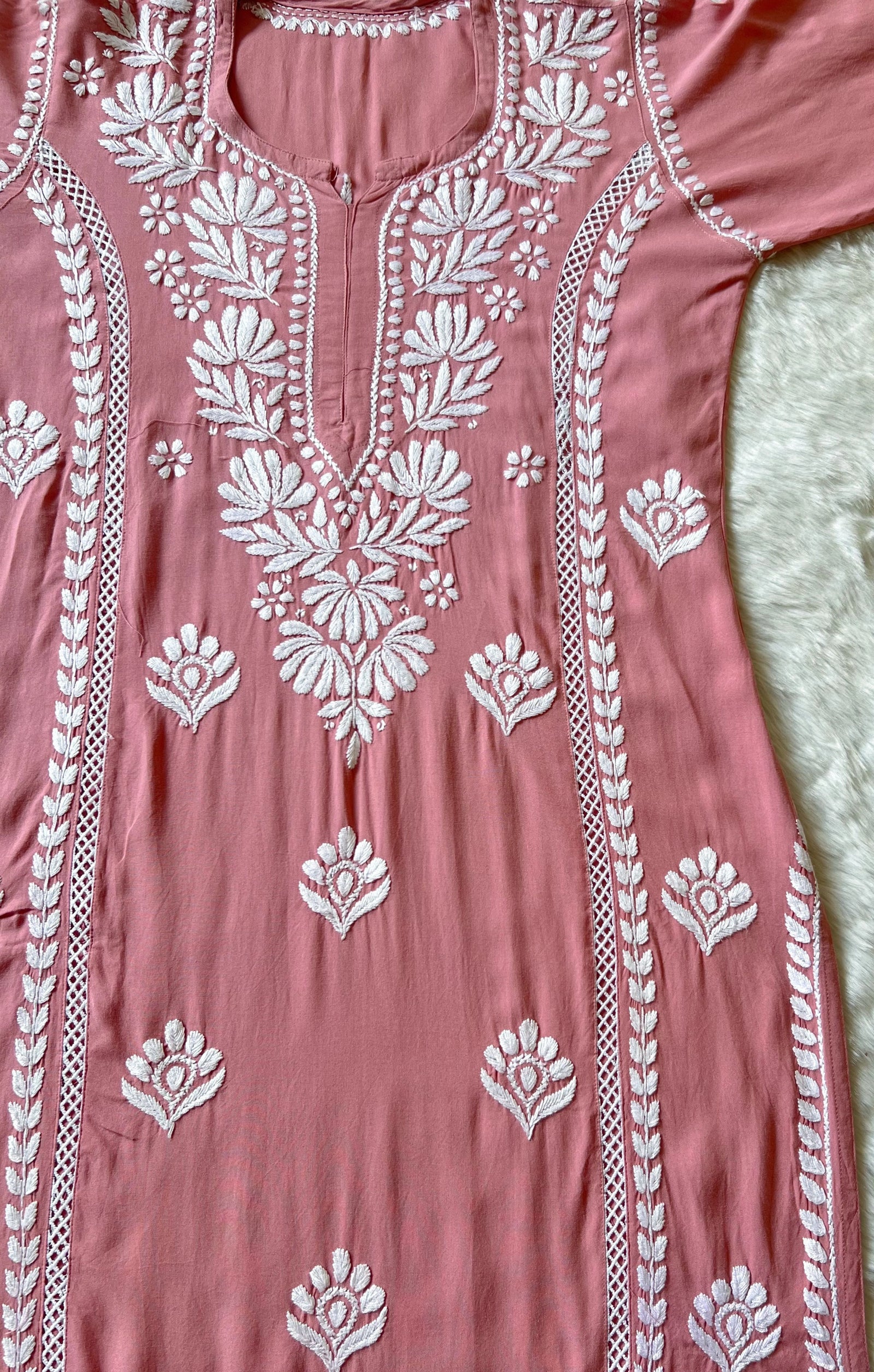 Blush Pink Long Lace Rayon Chikankari Kurta
