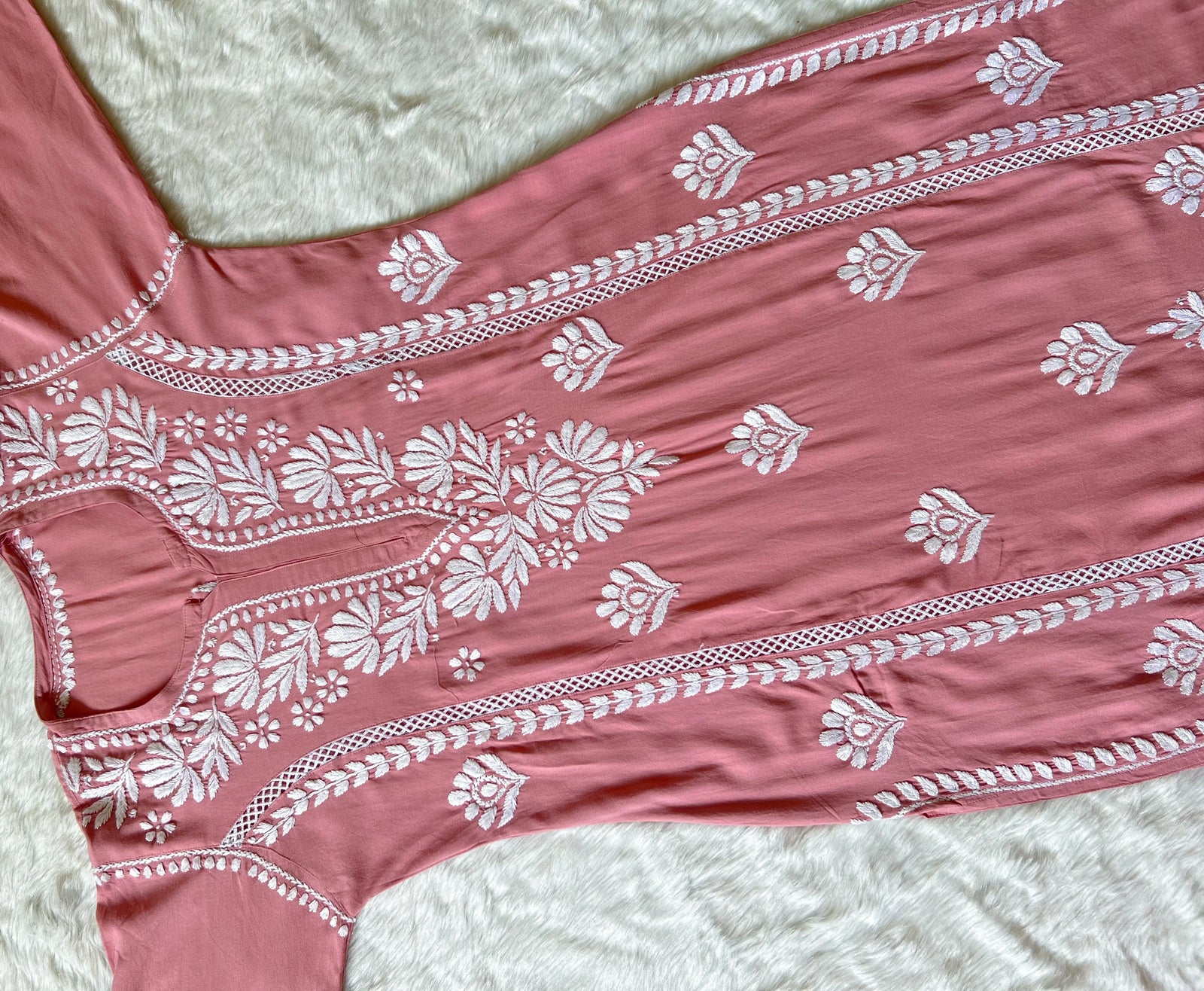 Blush Pink Long Lace Rayon Chikankari Kurta