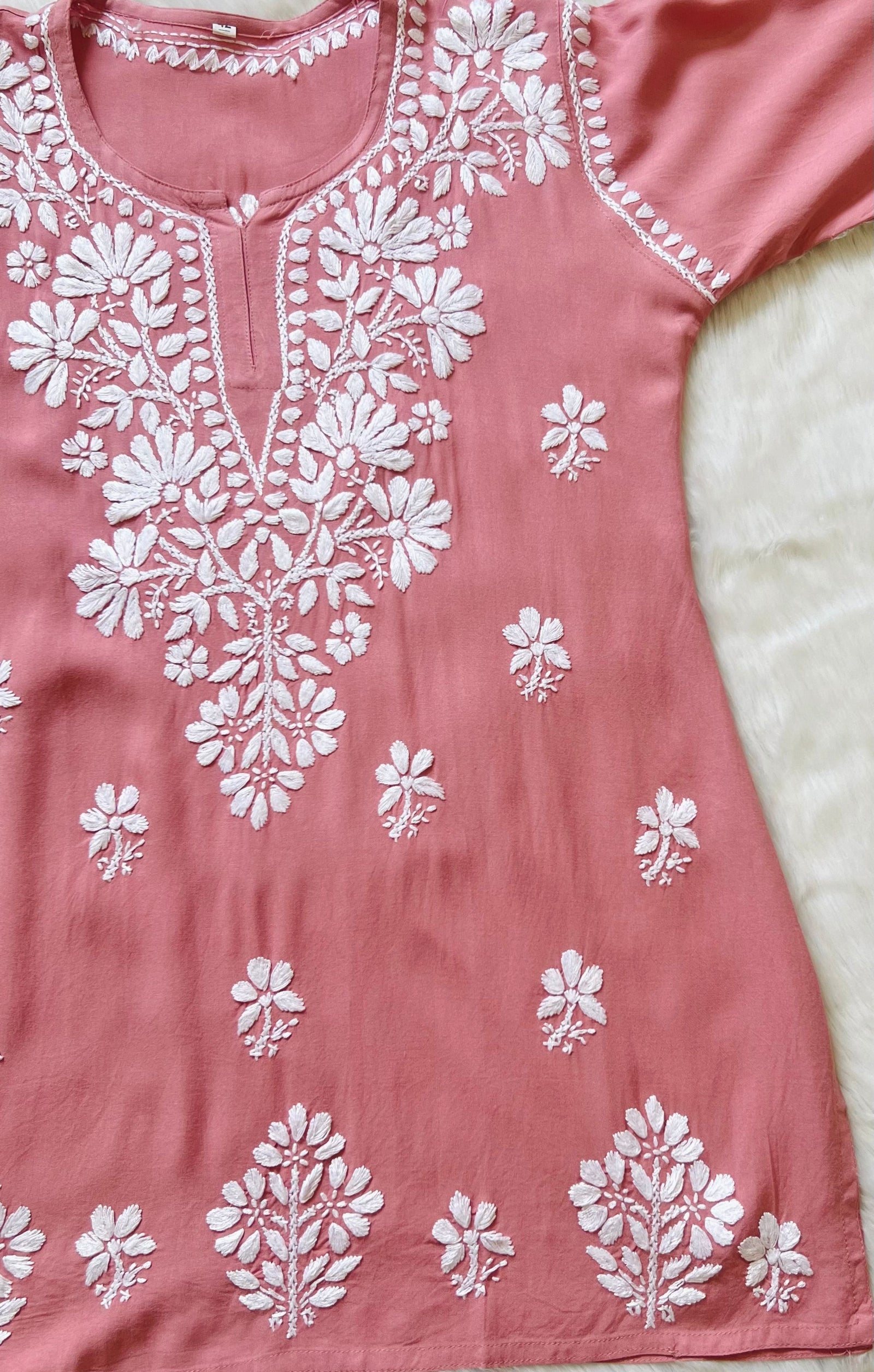 Blush Pink Rayon Kurta with White Chikankari