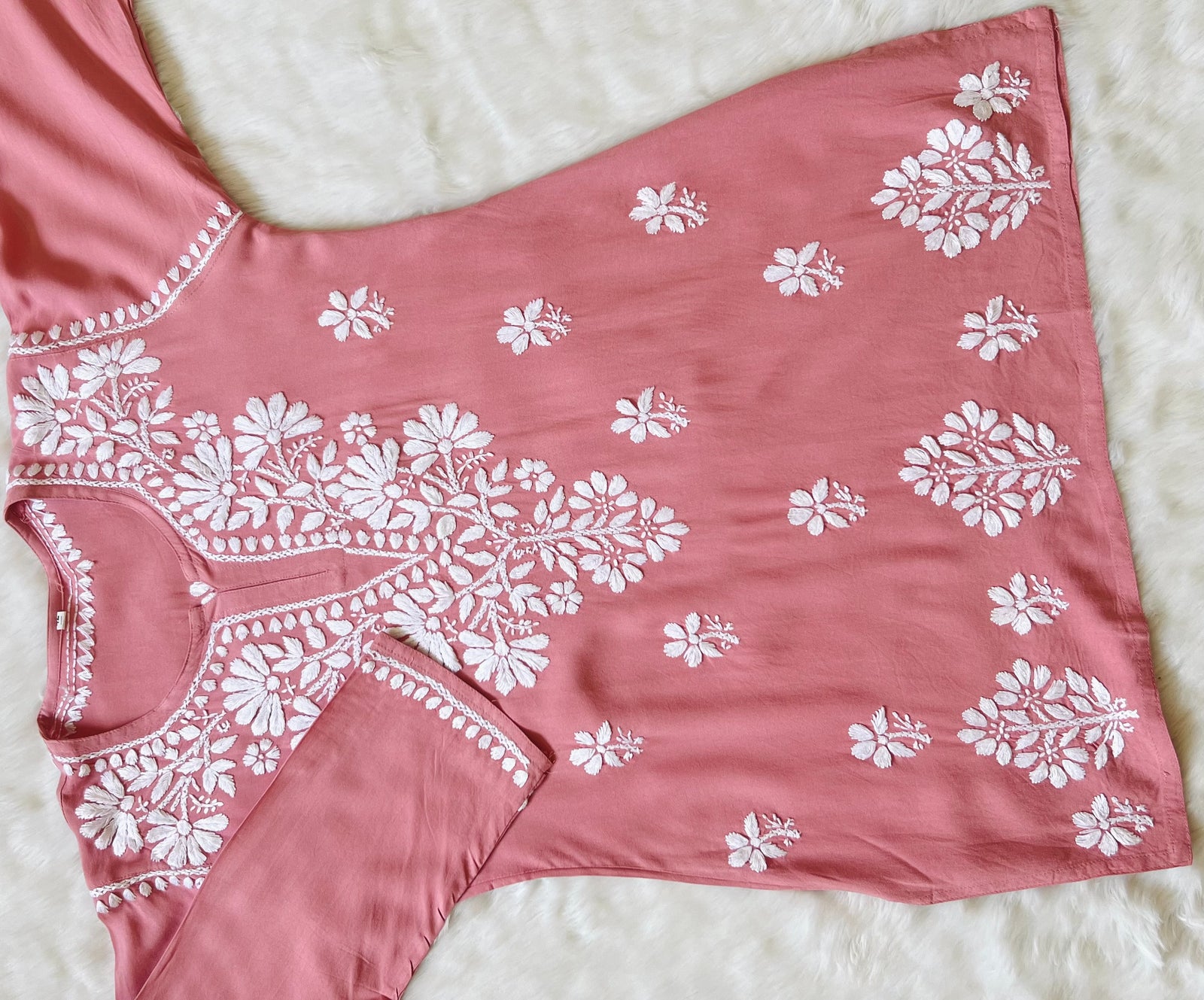 Blush Pink Rayon Kurta with White Chikankari