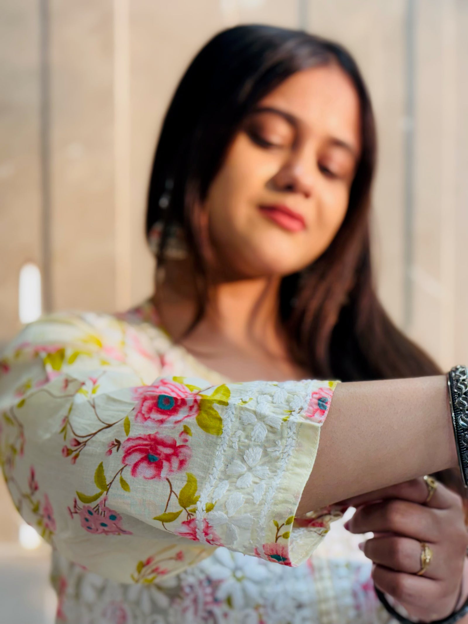 Butter Yellow & Pink Floral MulMul Chikan Gown