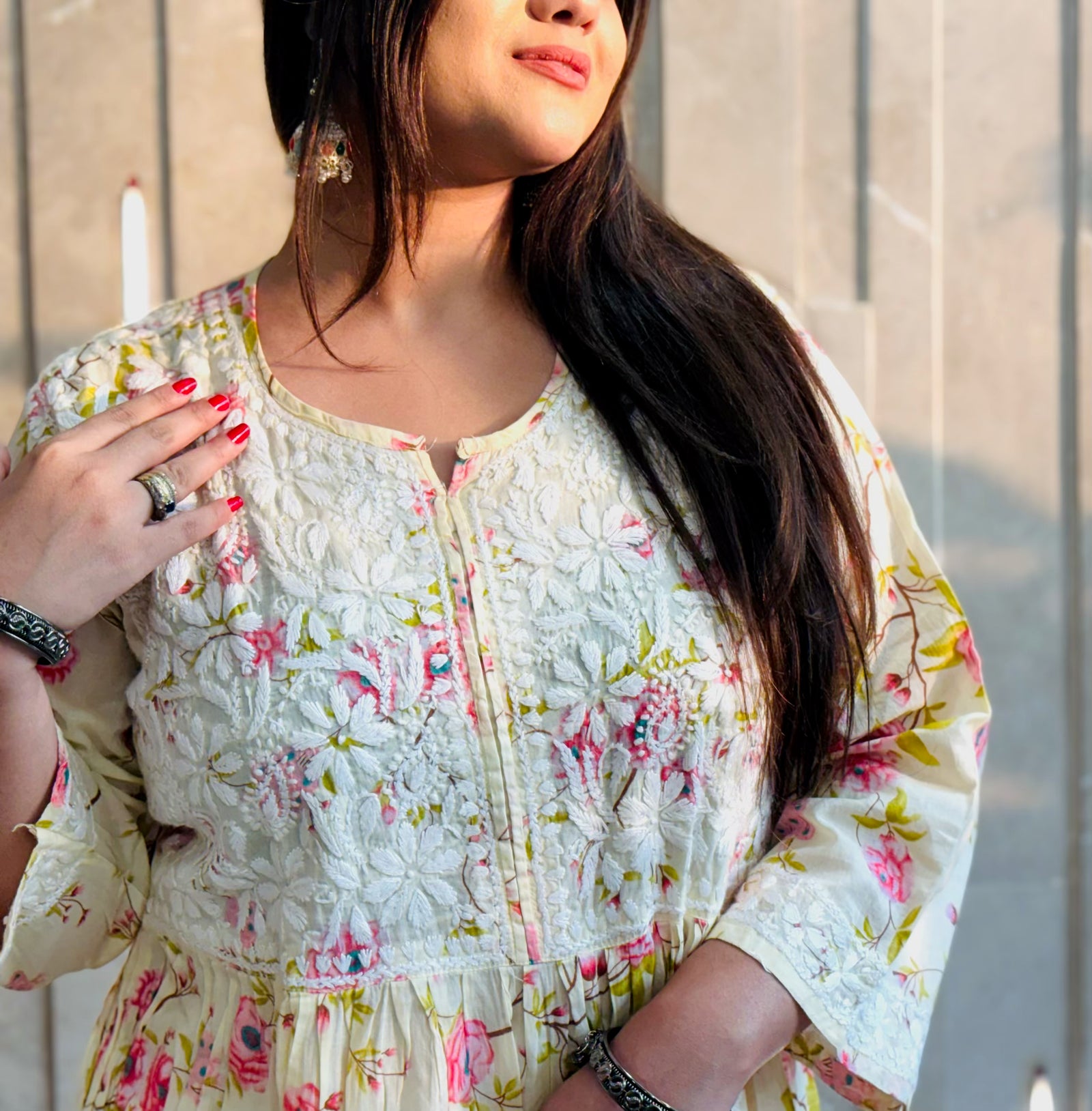 Butter Yellow & Pink Floral MulMul Chikan Gown