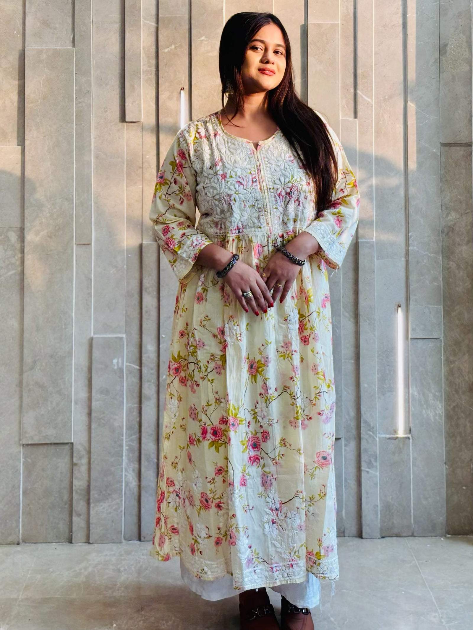 Butter Yellow & Pink Floral MulMul Chikan Gown