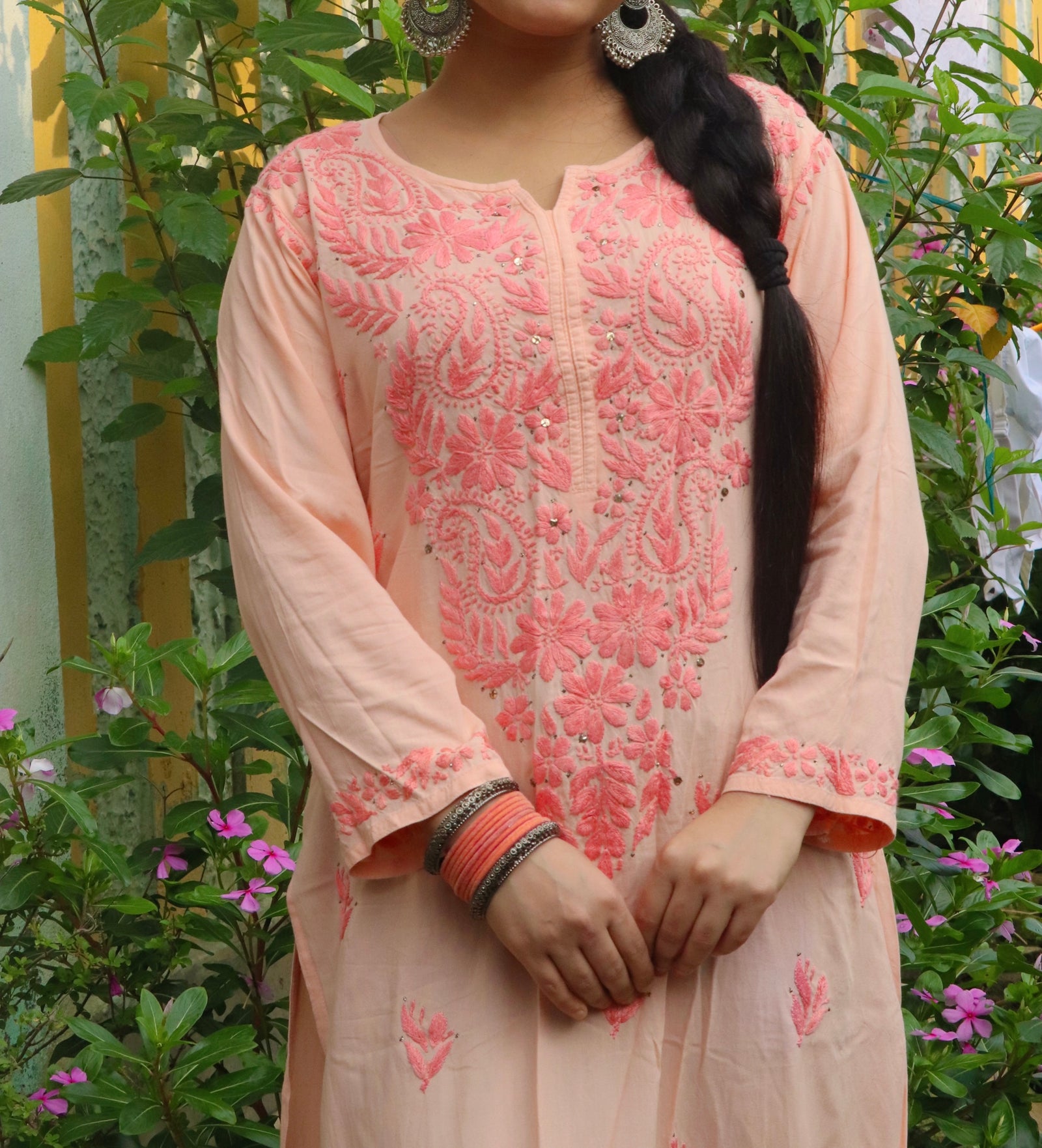 Peach Rayon Kurta with Self Chikankari & Mukesh Work