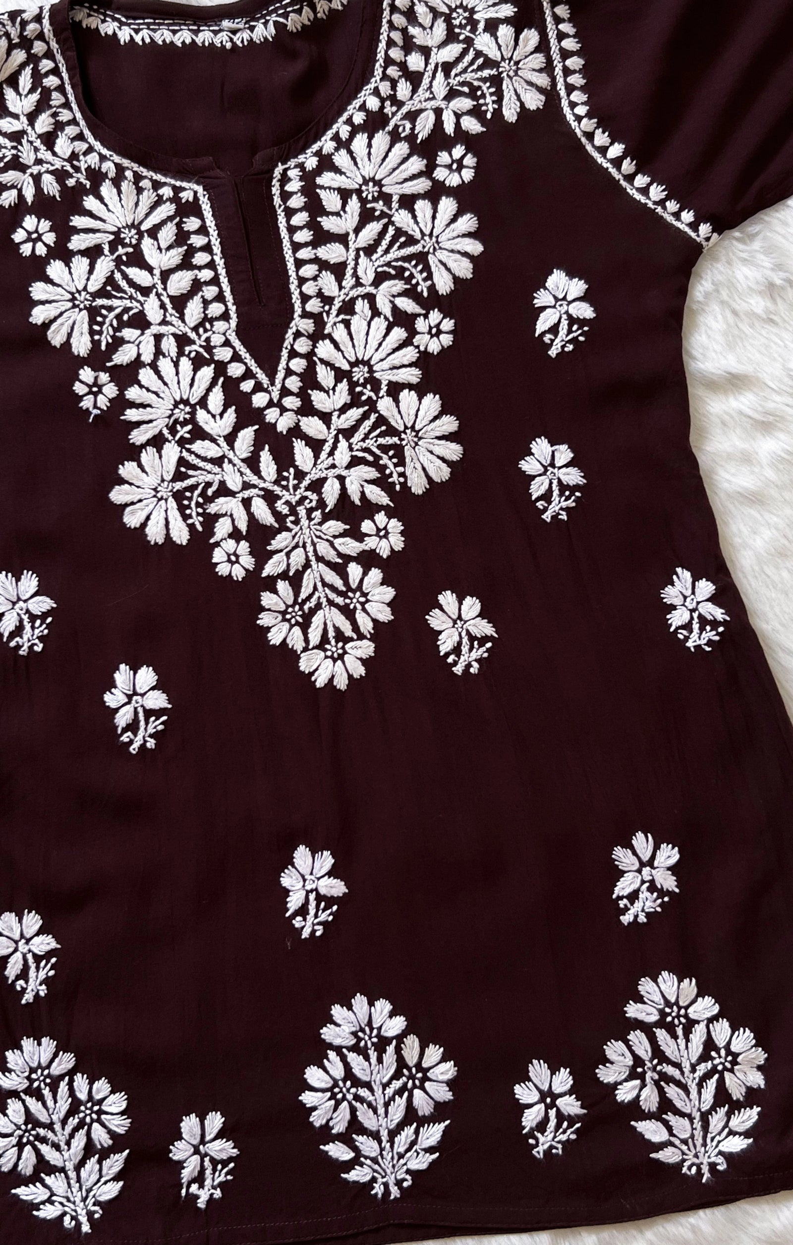 Chocolate Brown Short Rayon Kurta with White Chikankari