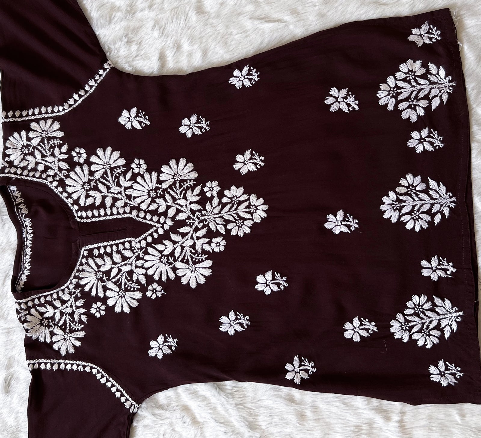 Chocolate Brown Short Rayon Kurta with White Chikankari