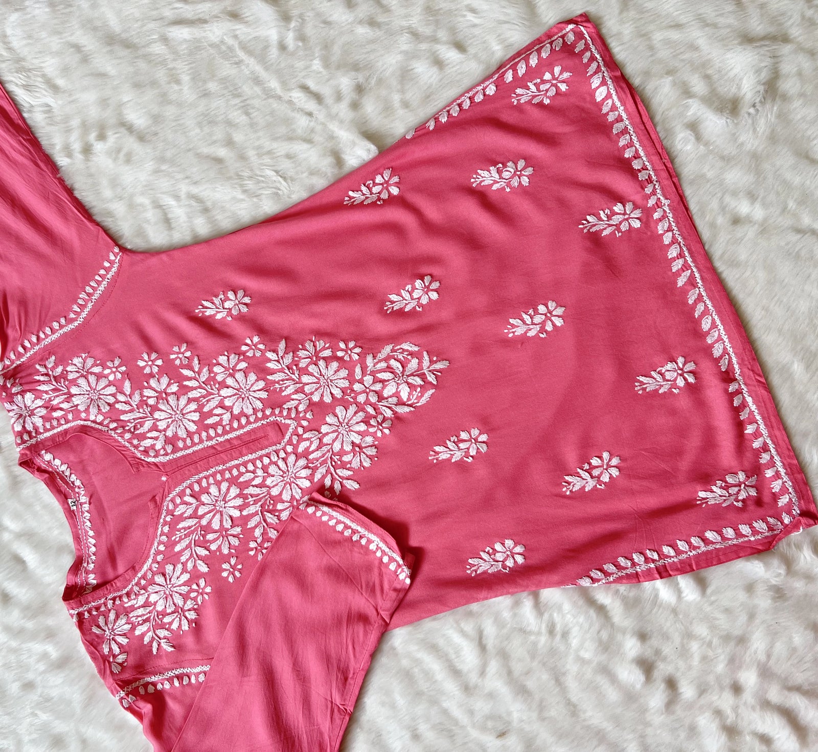 Coral Pink Short Rayon Kurta with White Chikankari