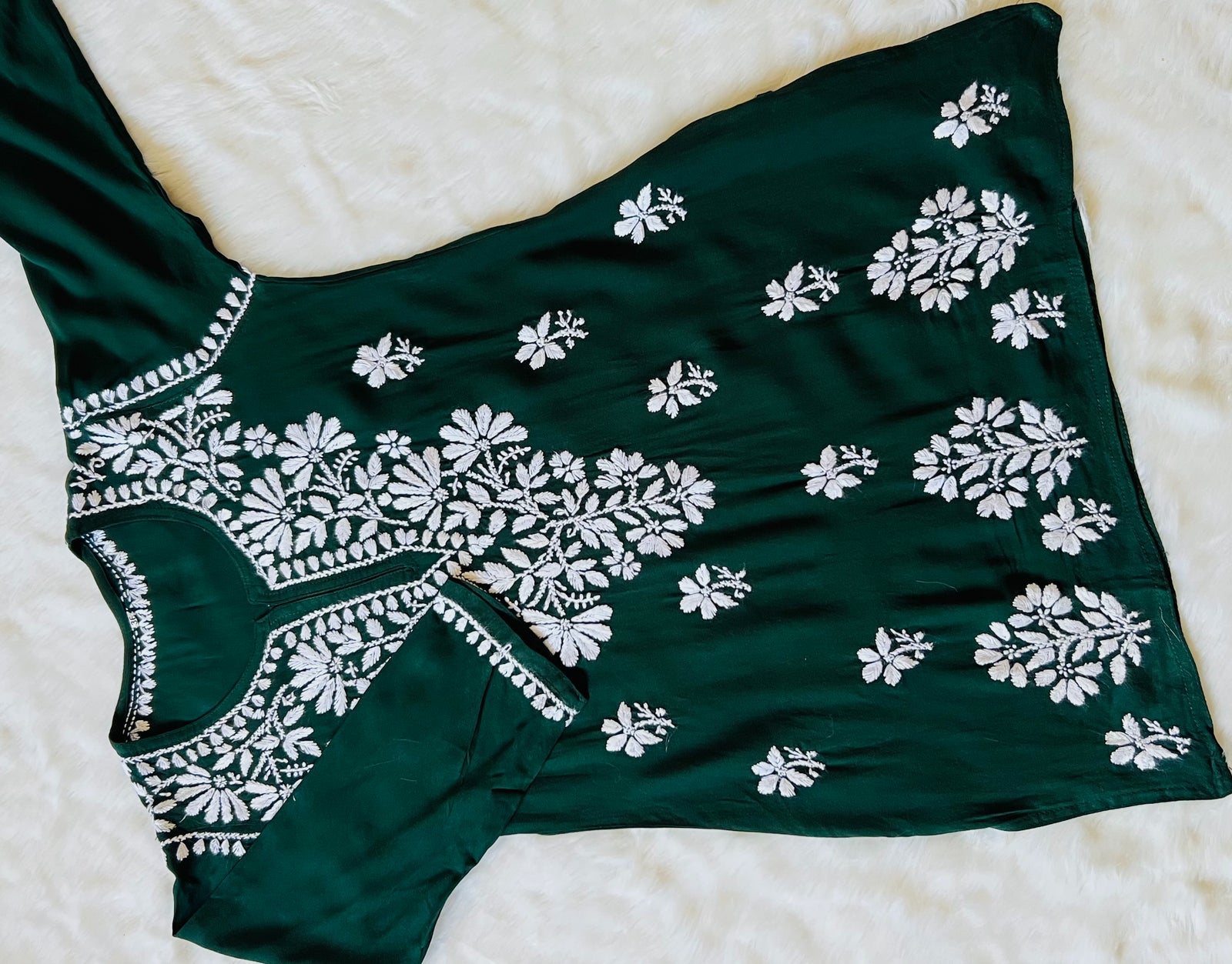 Dark Green Short Rayon Kurta with White Chikankari