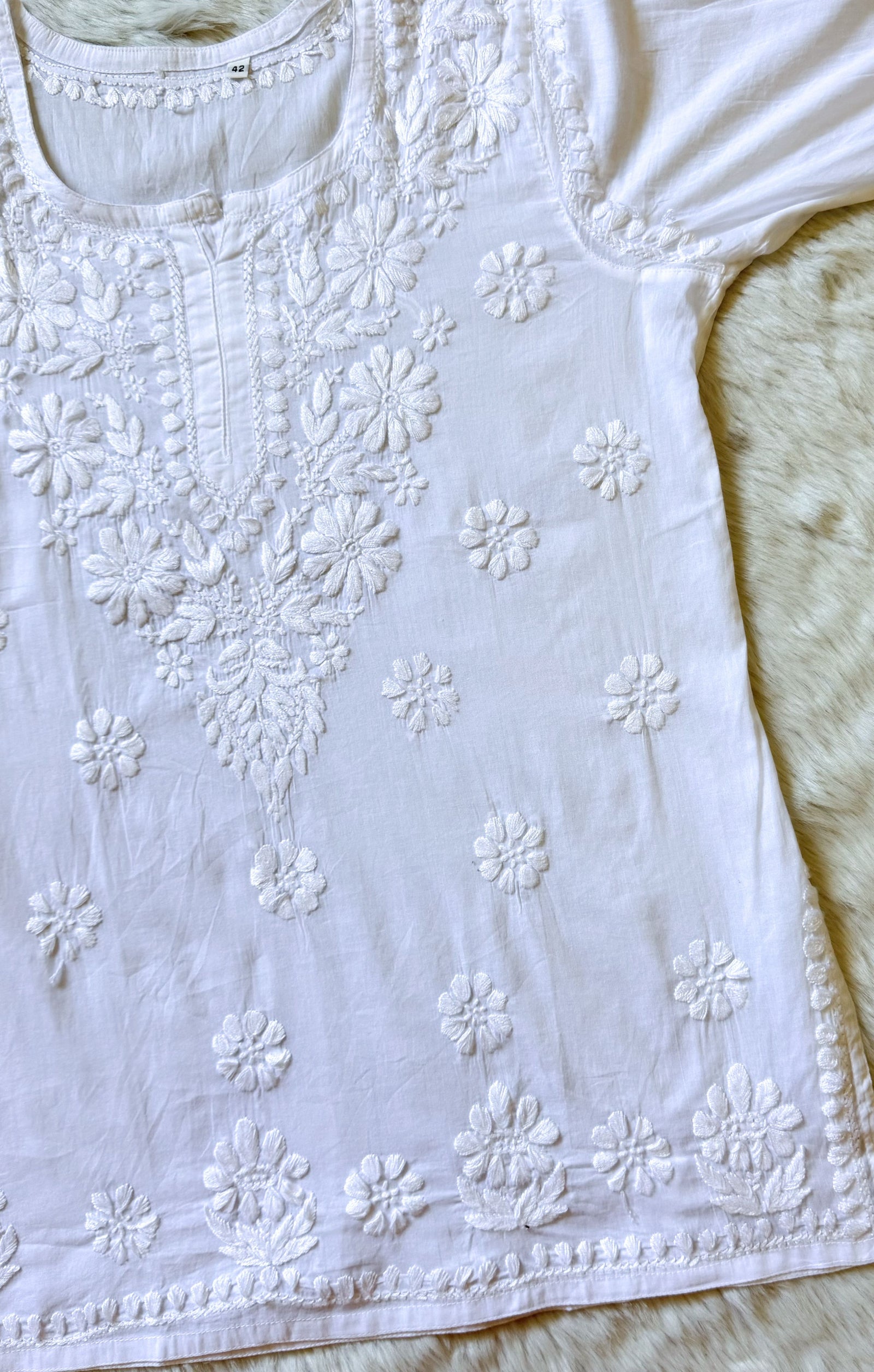 Falak White Mulmul Short Kurti with Chikankari Handwork