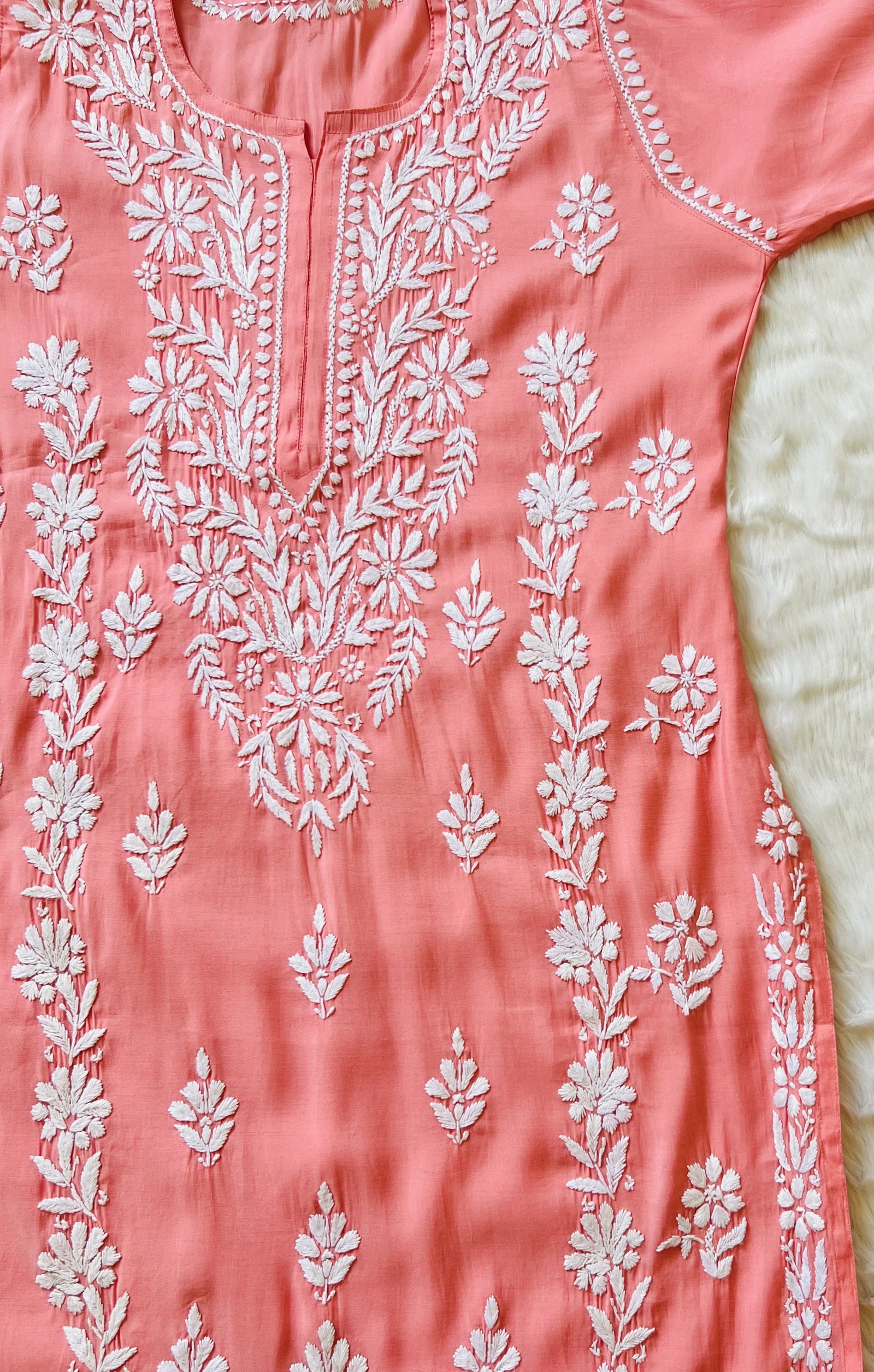 Fida Coral Muslin Long Kurta with Chikankari