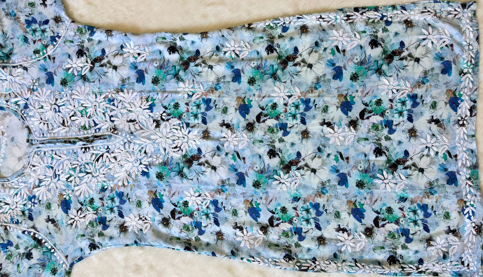 Fiza Blue Rayon Printed Chikankari Kurti