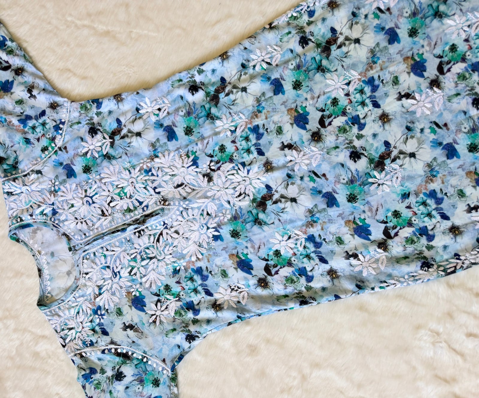 Fiza Blue Rayon Printed Chikankari Kurti