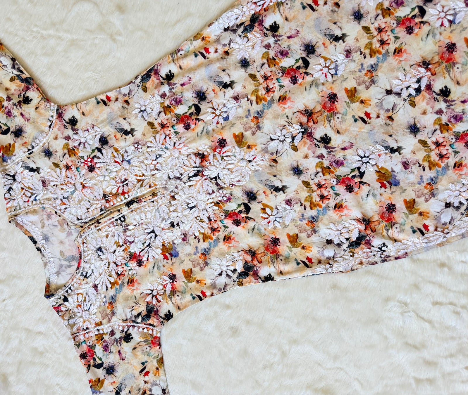 Fiza Cream Rayon Printed Chikankari Kurti