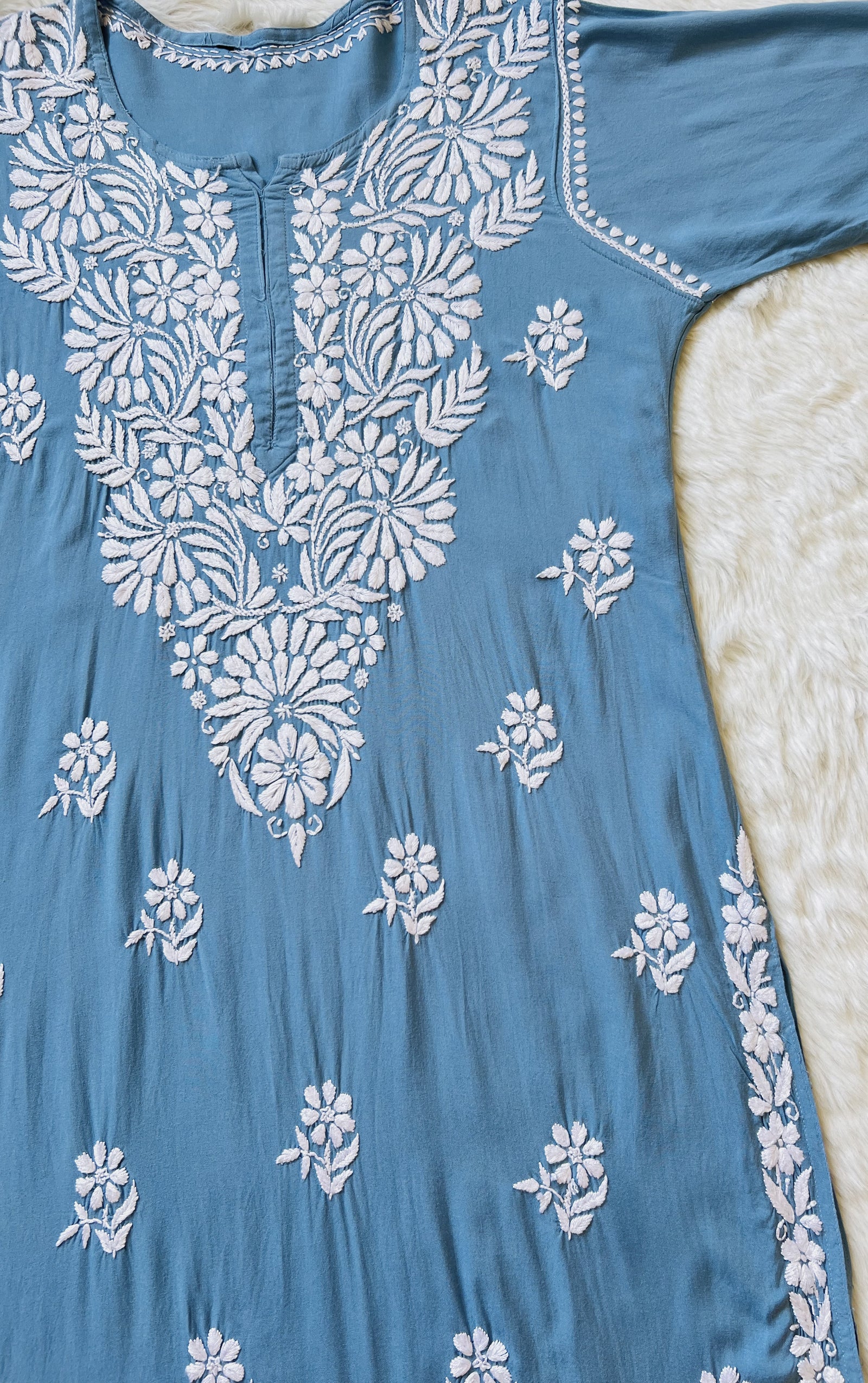 Fiza Powder Blue Rayon Chikankari Kurta Set