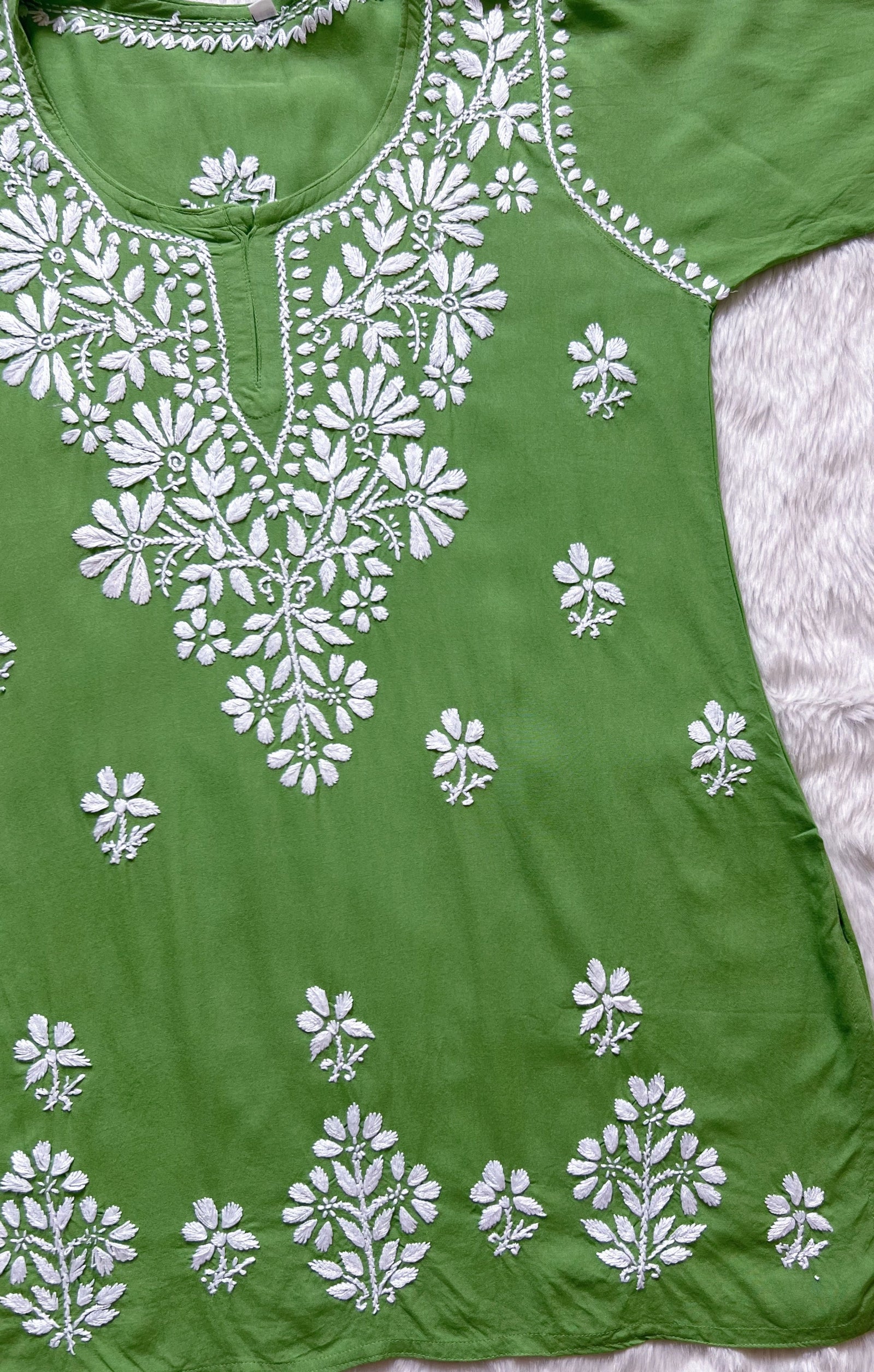 Green Short Rayon Kurta with White Chikankari
