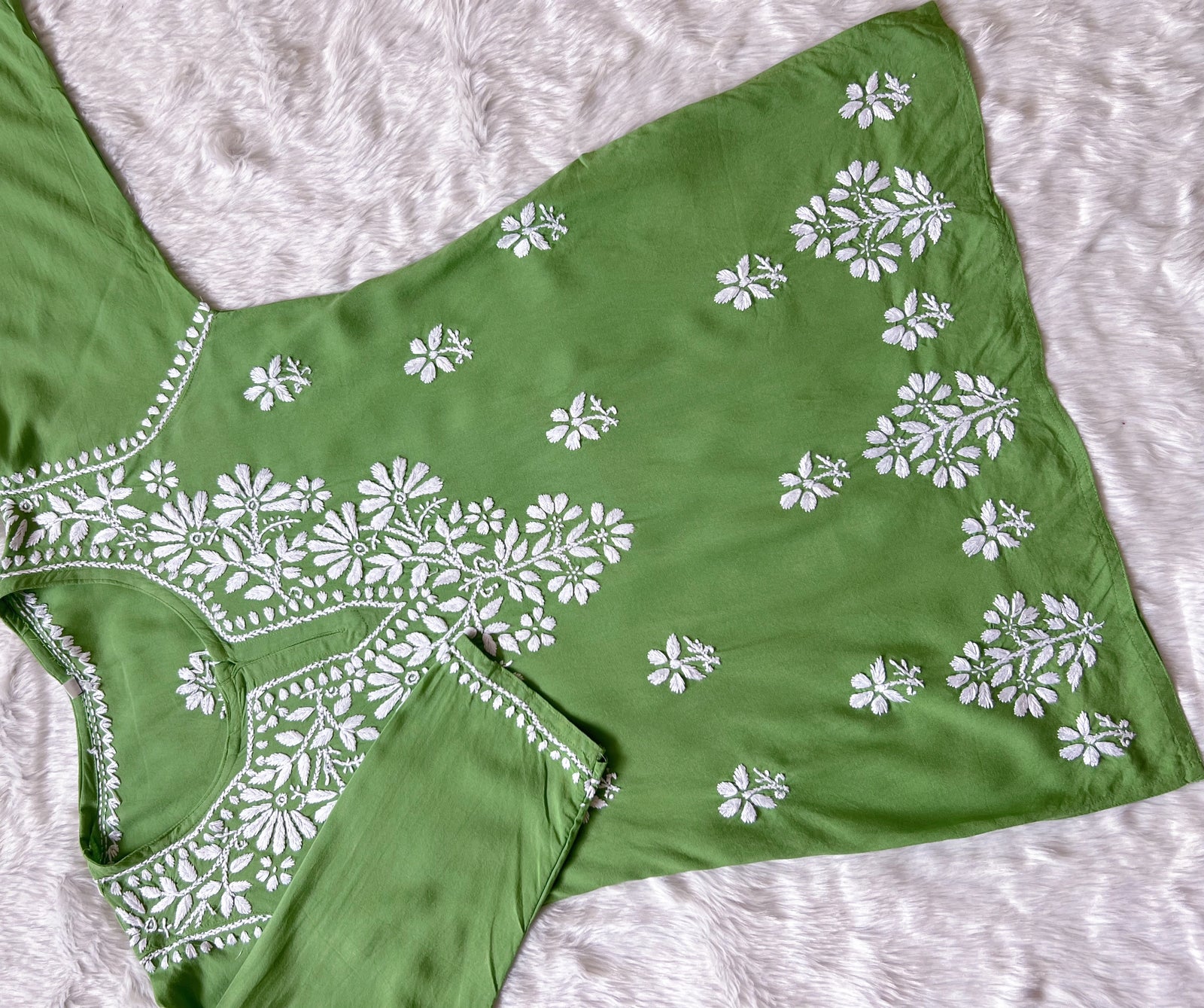 Green Short Rayon Kurta with White Chikankari