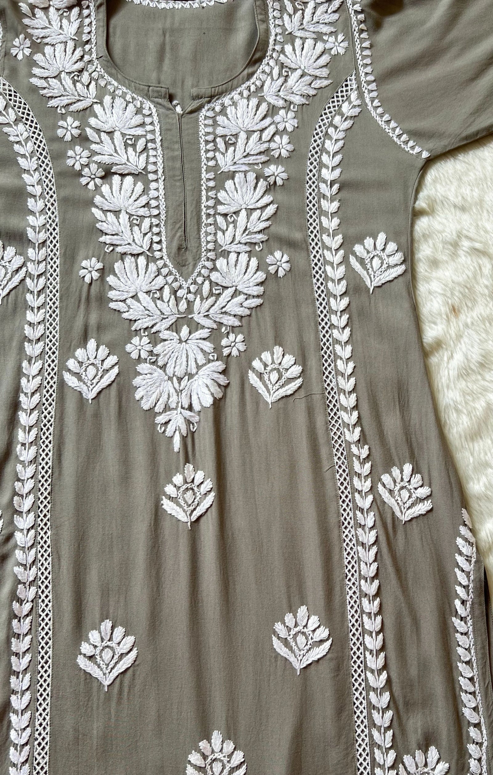 Grey Long Lace Rayon Chikankari Kurta